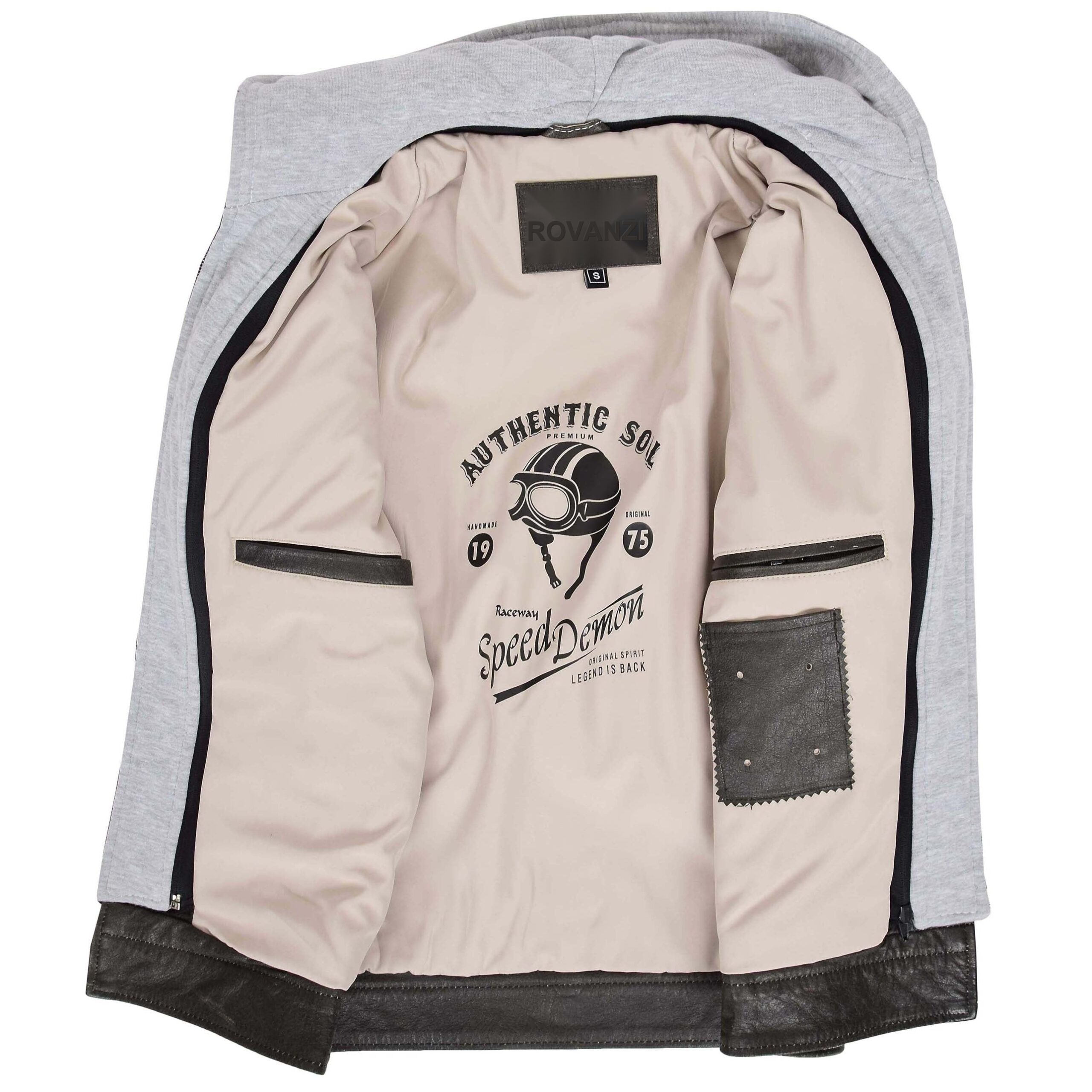 BUNERI Gray Leather Jacket Detachable Hoodie Men – 6