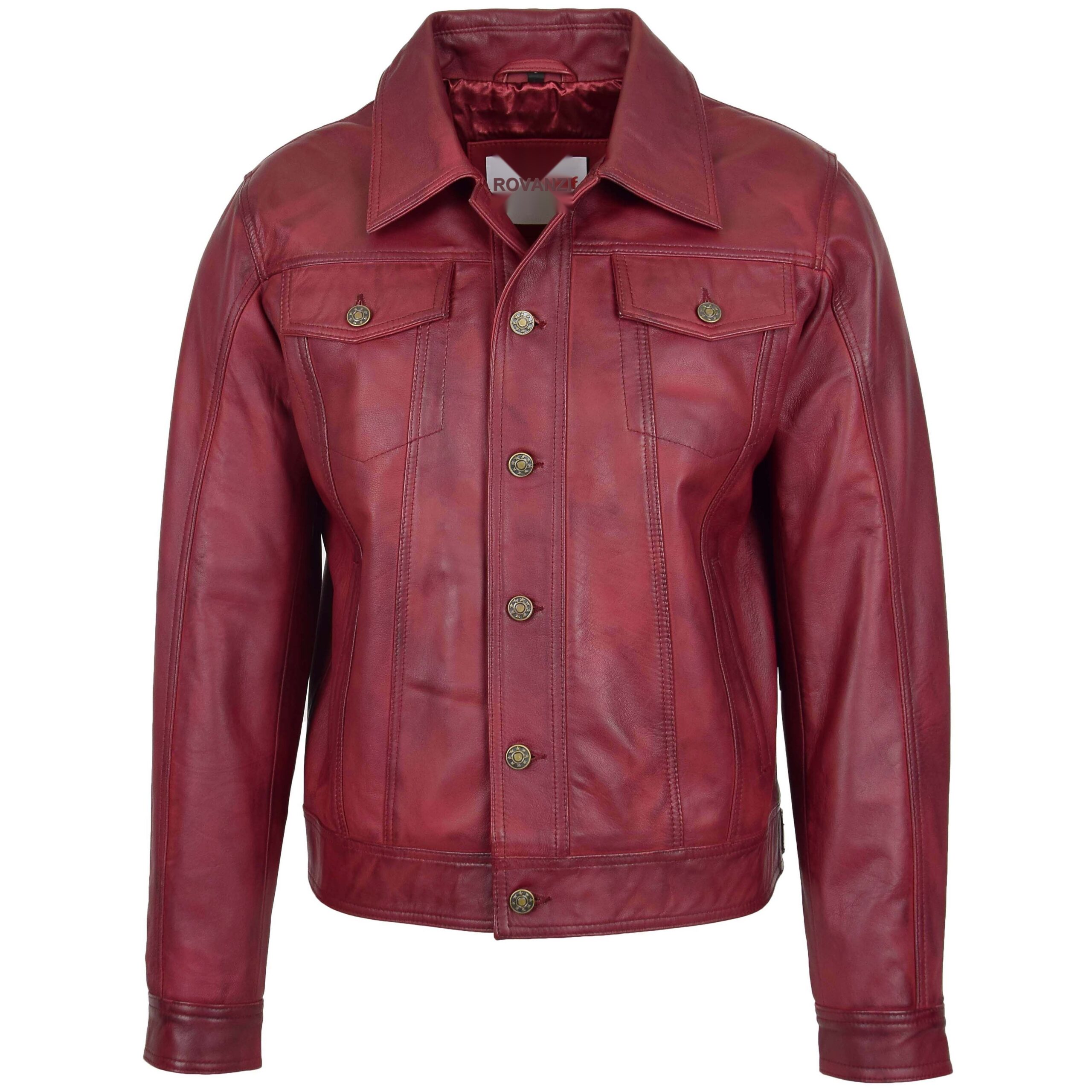 BUNERI Men's Leather Lee Rider Casual Jacket Burgundy II