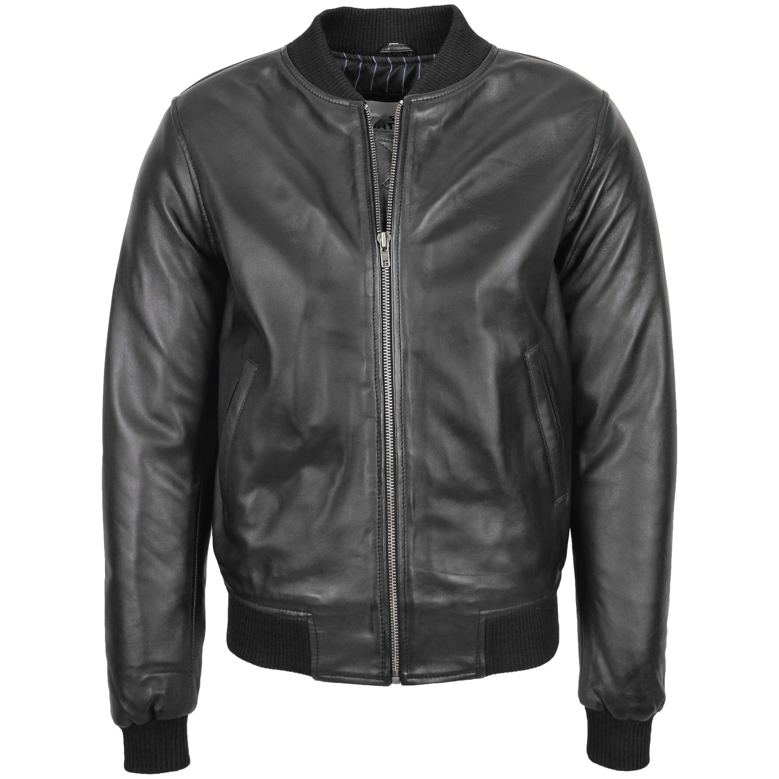 BUNERI Men's Black Leather MA-1 Bomber Jacket
