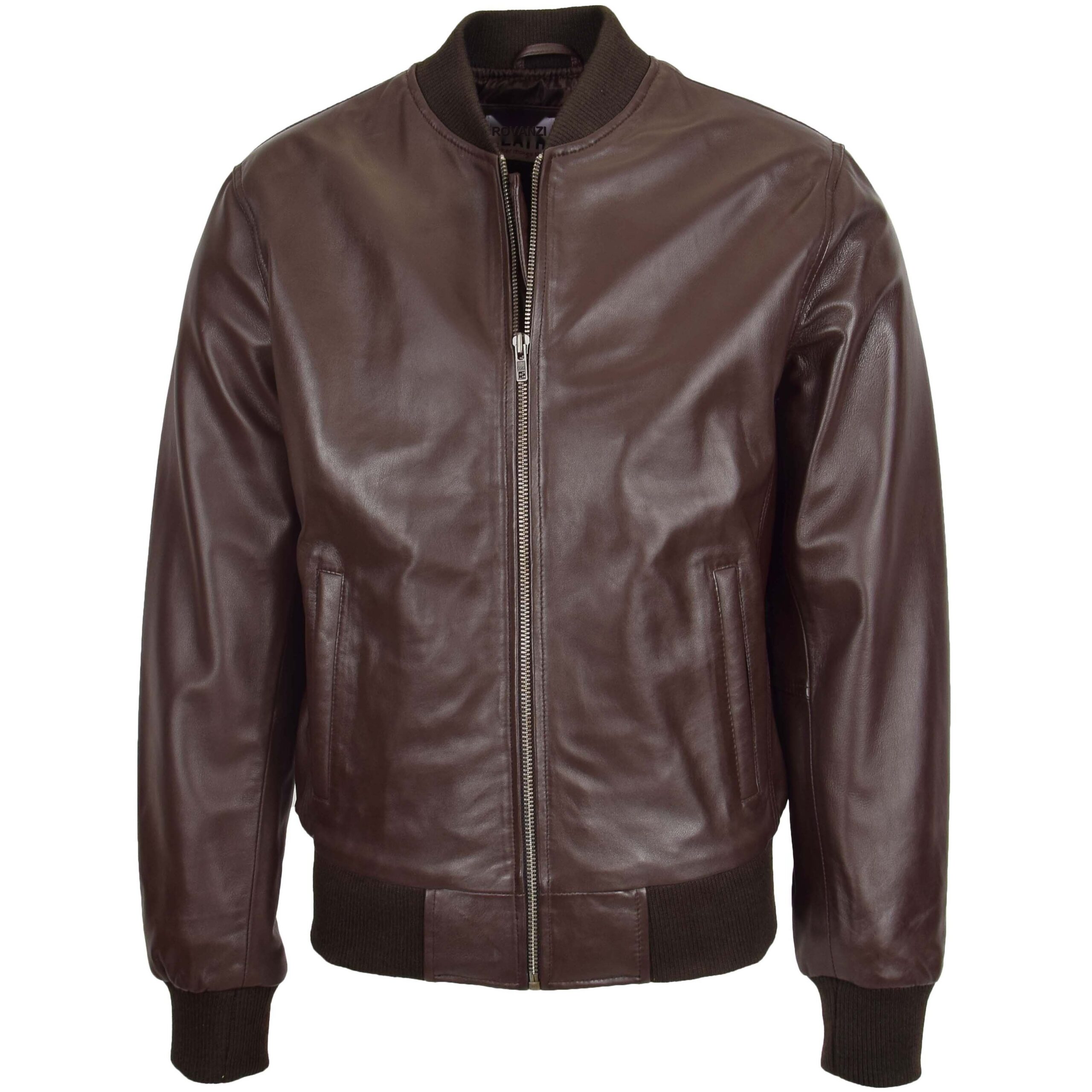 BUNERI Men's Brown Leather MA-1 Bomber Jacket