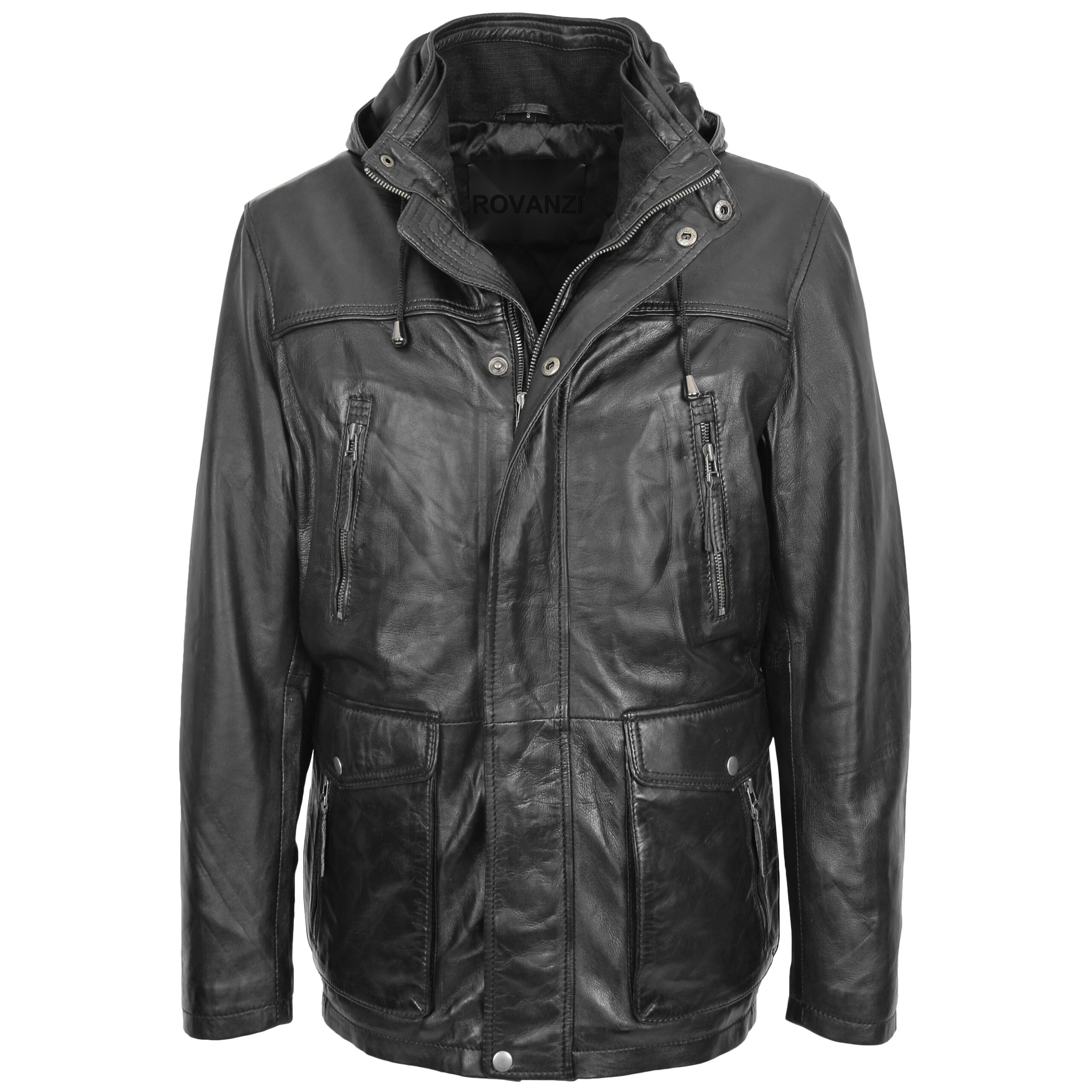 BUNERI Black Leather Parka Detachable Hoodie Men