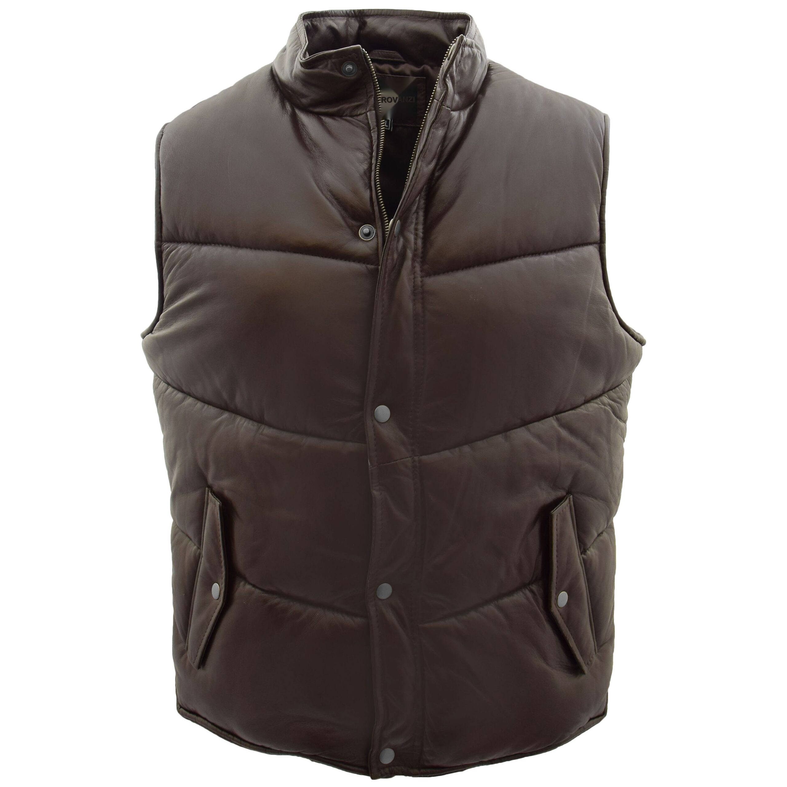 BUNERI Men's Leather Puffer Vest Body Warmer Brown
