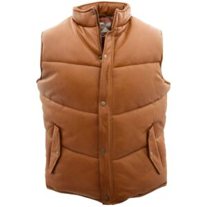 BUNERI Men’s Leather Puffer Vest Body Warmer Tan
