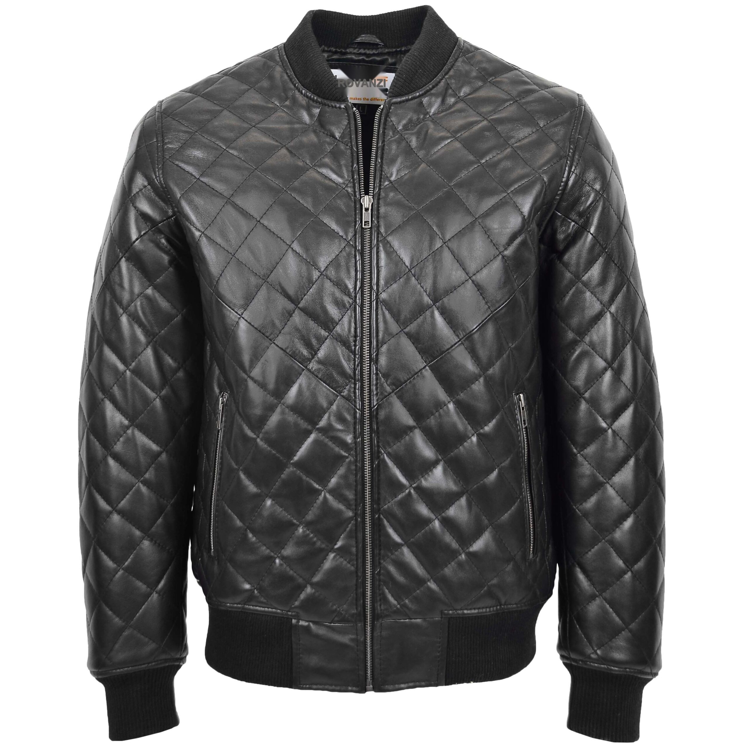 BUNERI Men's Leather Quilted Bomber Jacket Black
