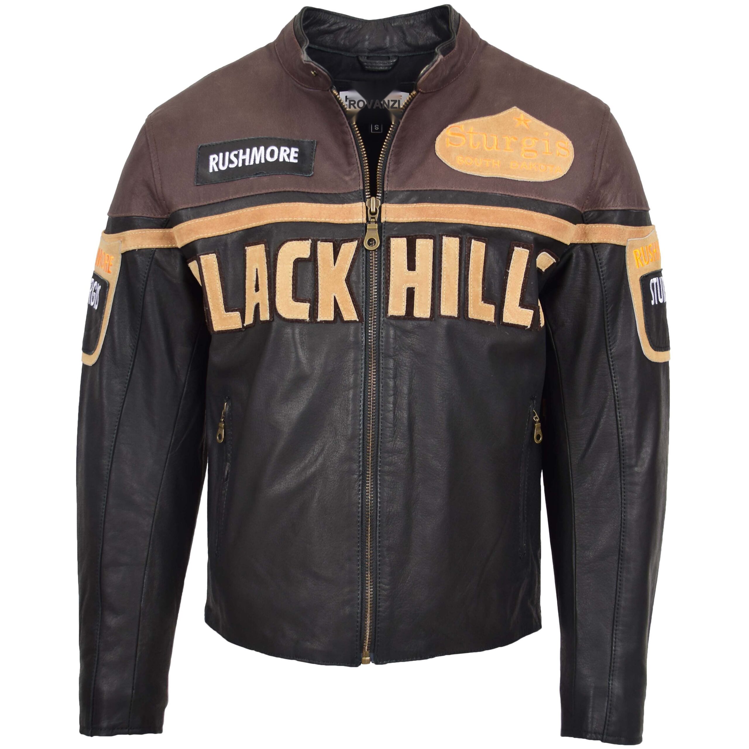 BUNERI Black Hills Men's Leather Jacket Brown with Racing Badges