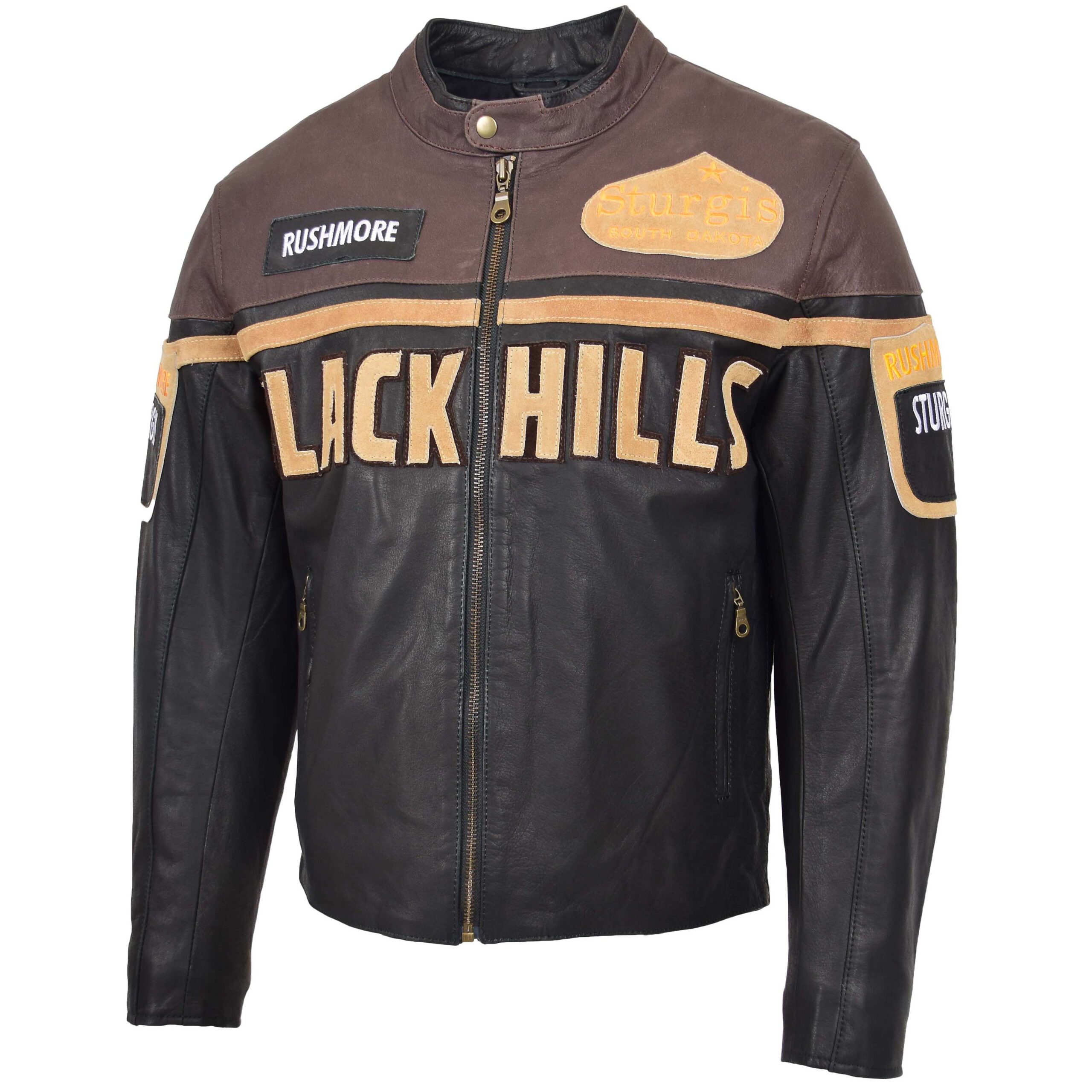 BUNERI Black Hills Men's Leather Jacket Brown with Racing Badges – 4