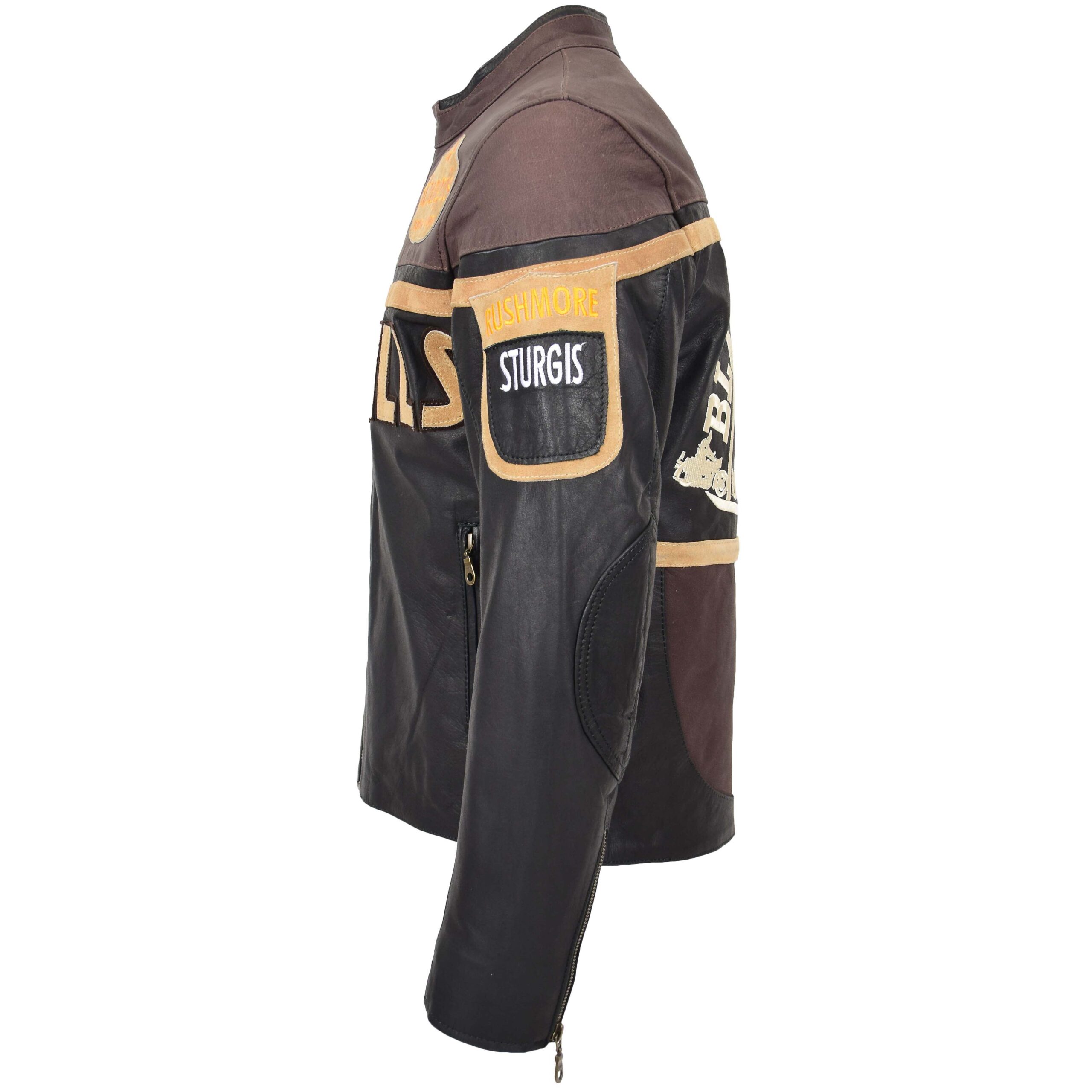 BUNERI Black Hills Men's Leather Jacket Brown with Racing Badges – 5