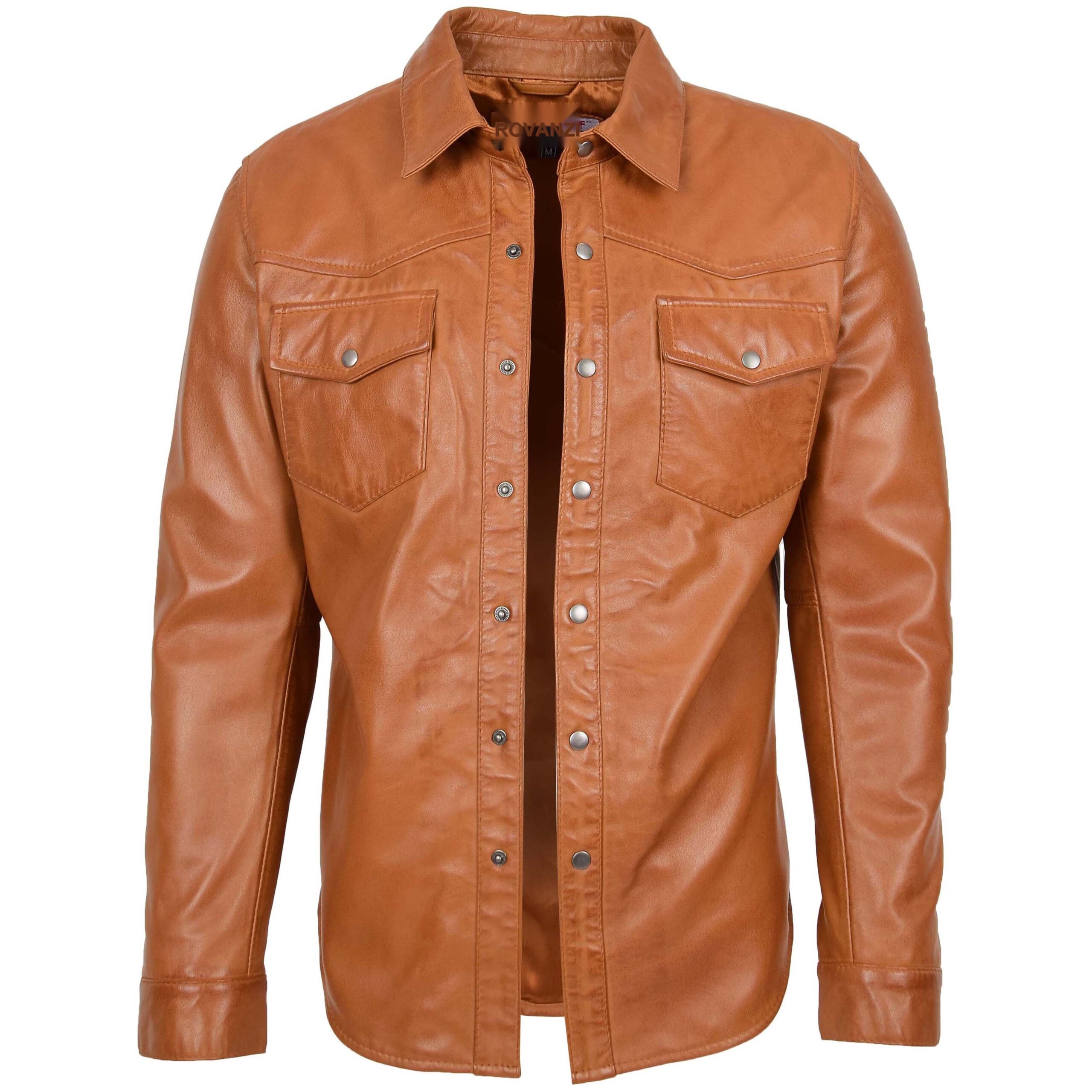 BUNERI Men's Leather Shirt Classic Trucker Style Tan II