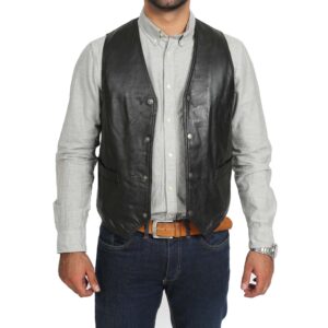 BUNERI Men’s Black Leather Traditional Vest