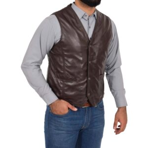 BUNERI Brown Leather Traditional Vest