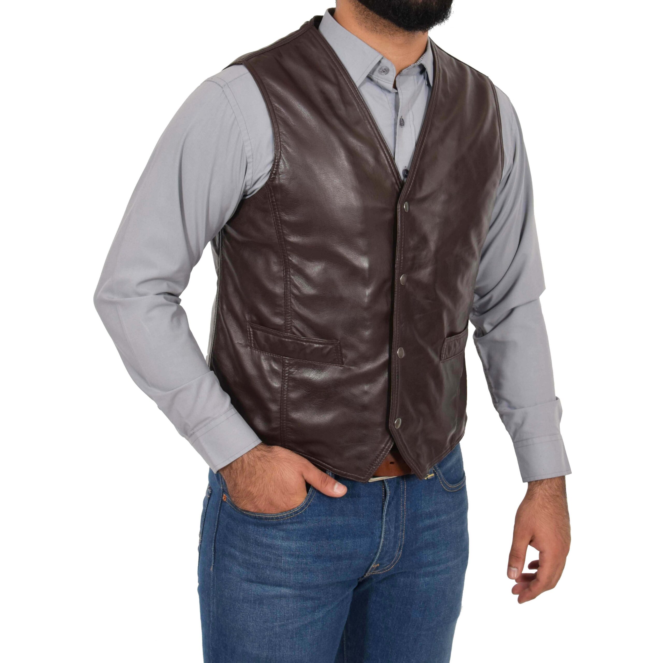 BUNERI Brown Leather Traditional Vest