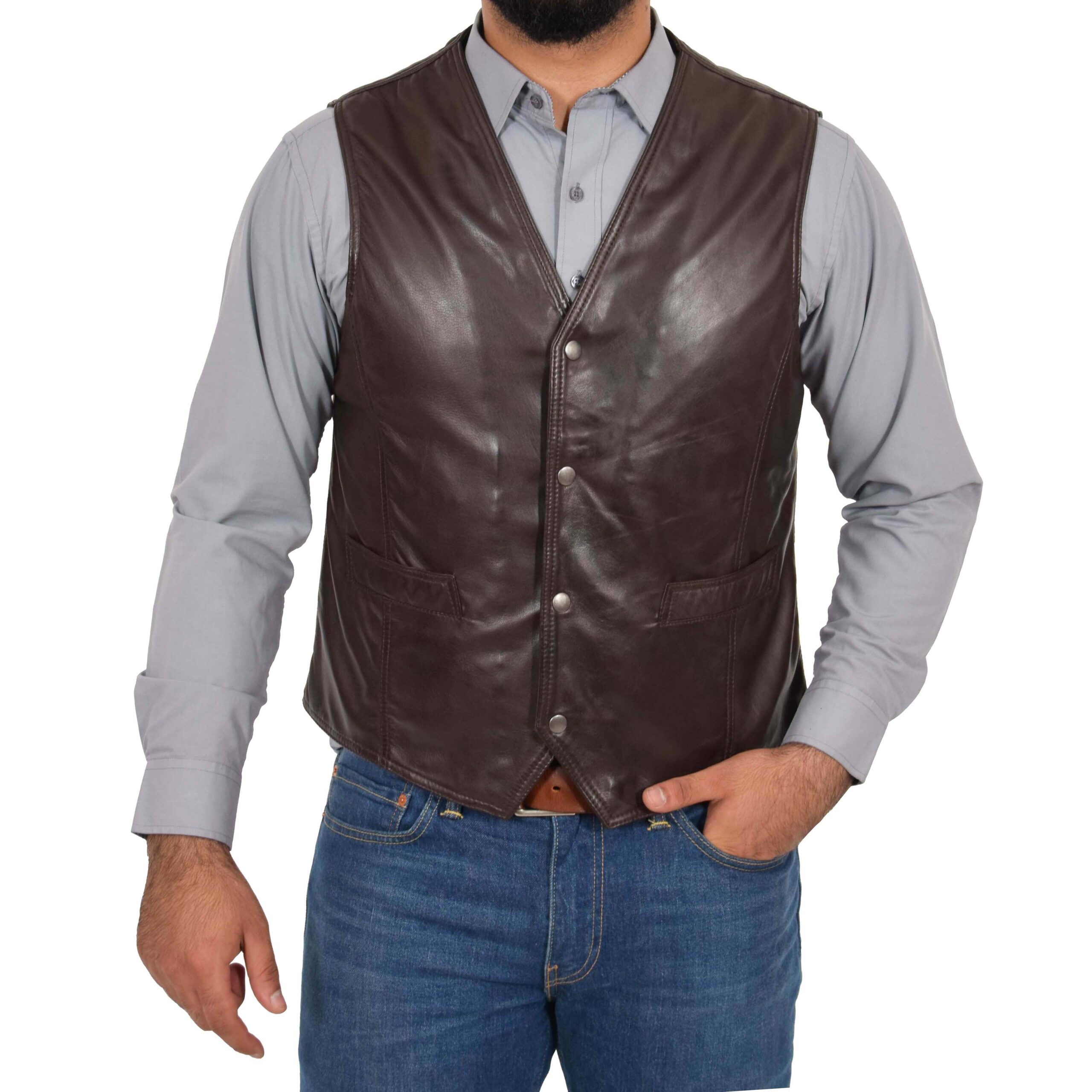 BUNERI Brown Leather Traditional Vest – 3