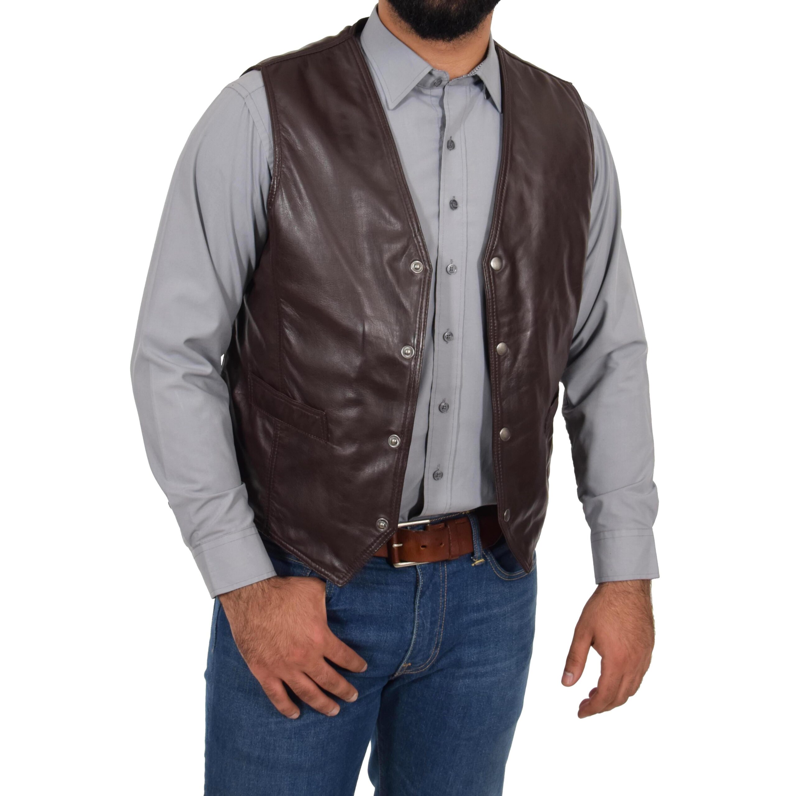 BUNERI Brown Leather Traditional Vest – 4