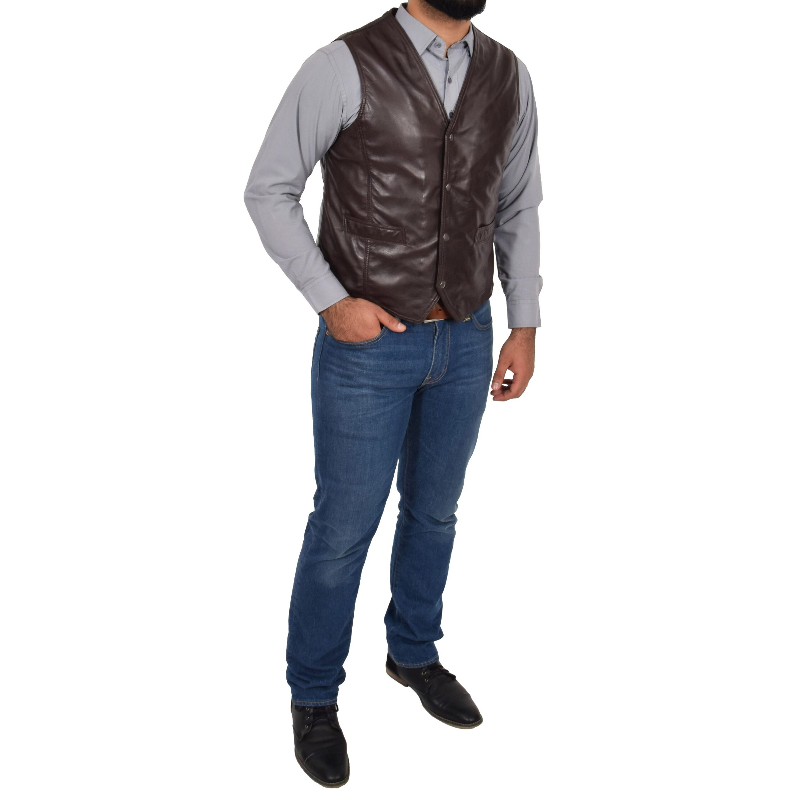 BUNERI Brown Leather Traditional Vest – 5