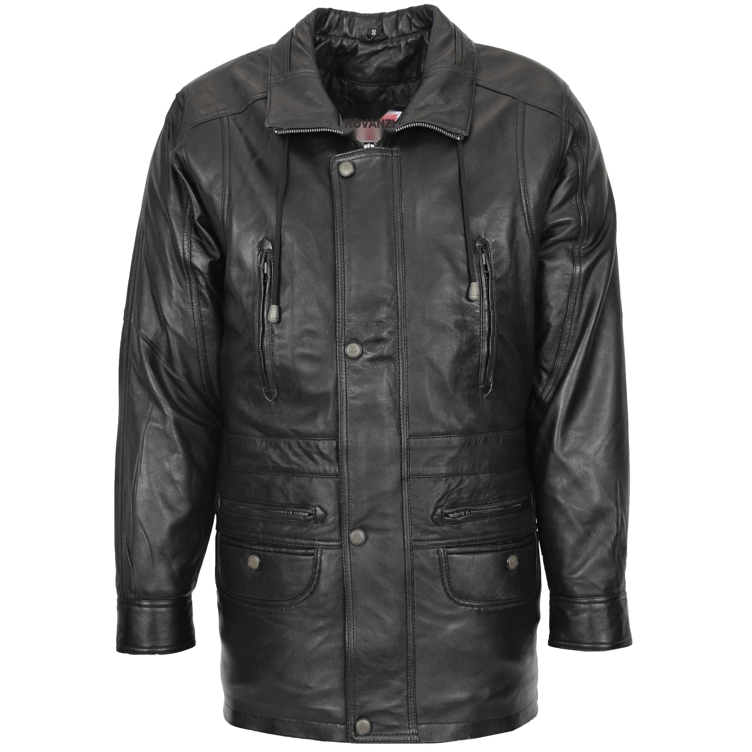 BUNERI Men's Leather Winter Car Coat Hip Length Black