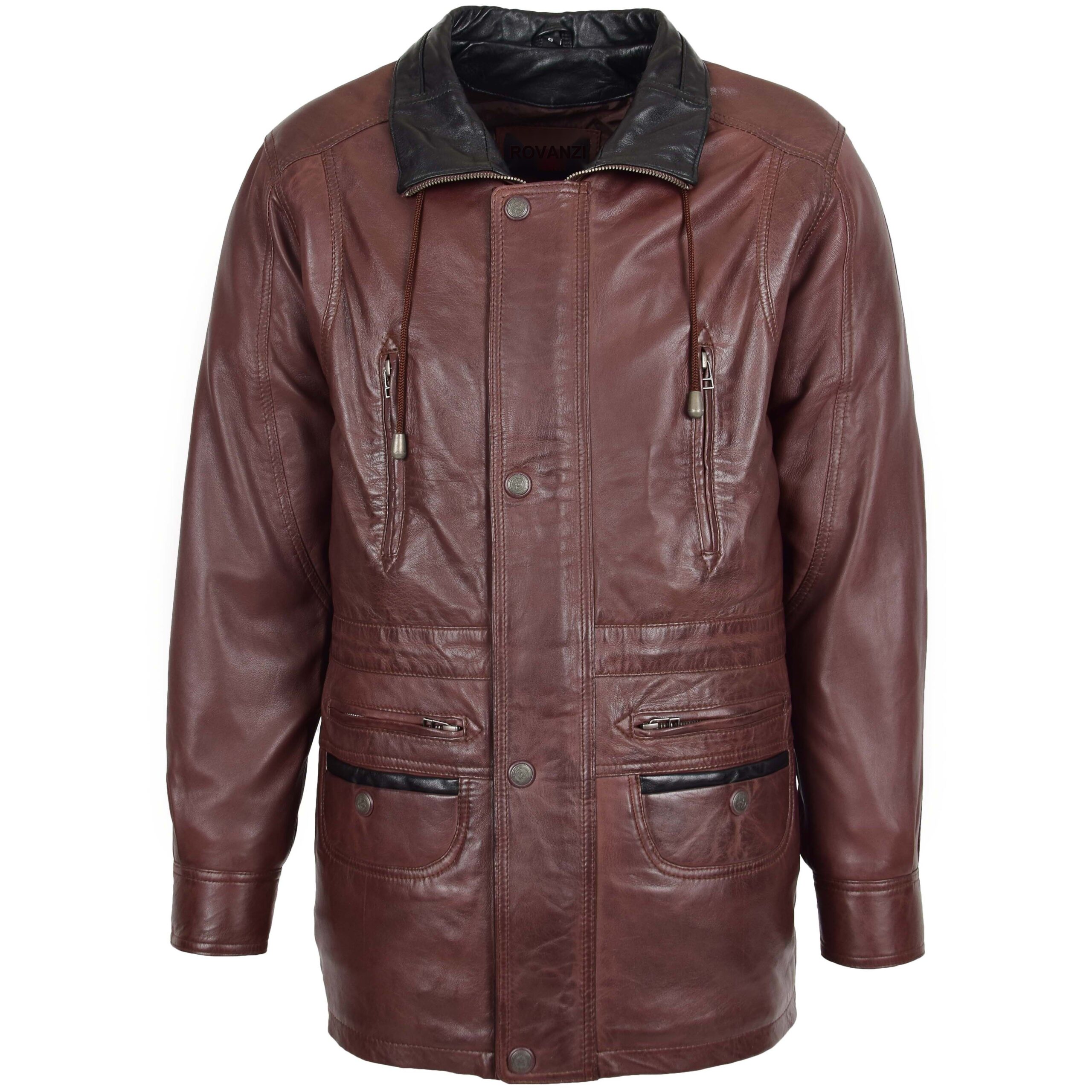 BUNERI Men's Brown Leather Hip-Length Car Coat