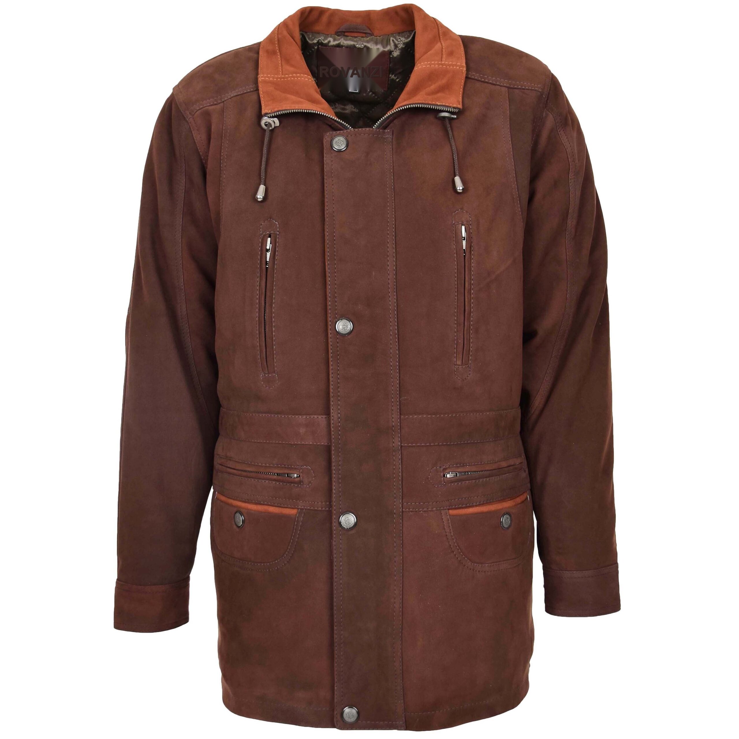 BUNERI Men's Leather Winter Car Coat Hip Length Brown Nubuck