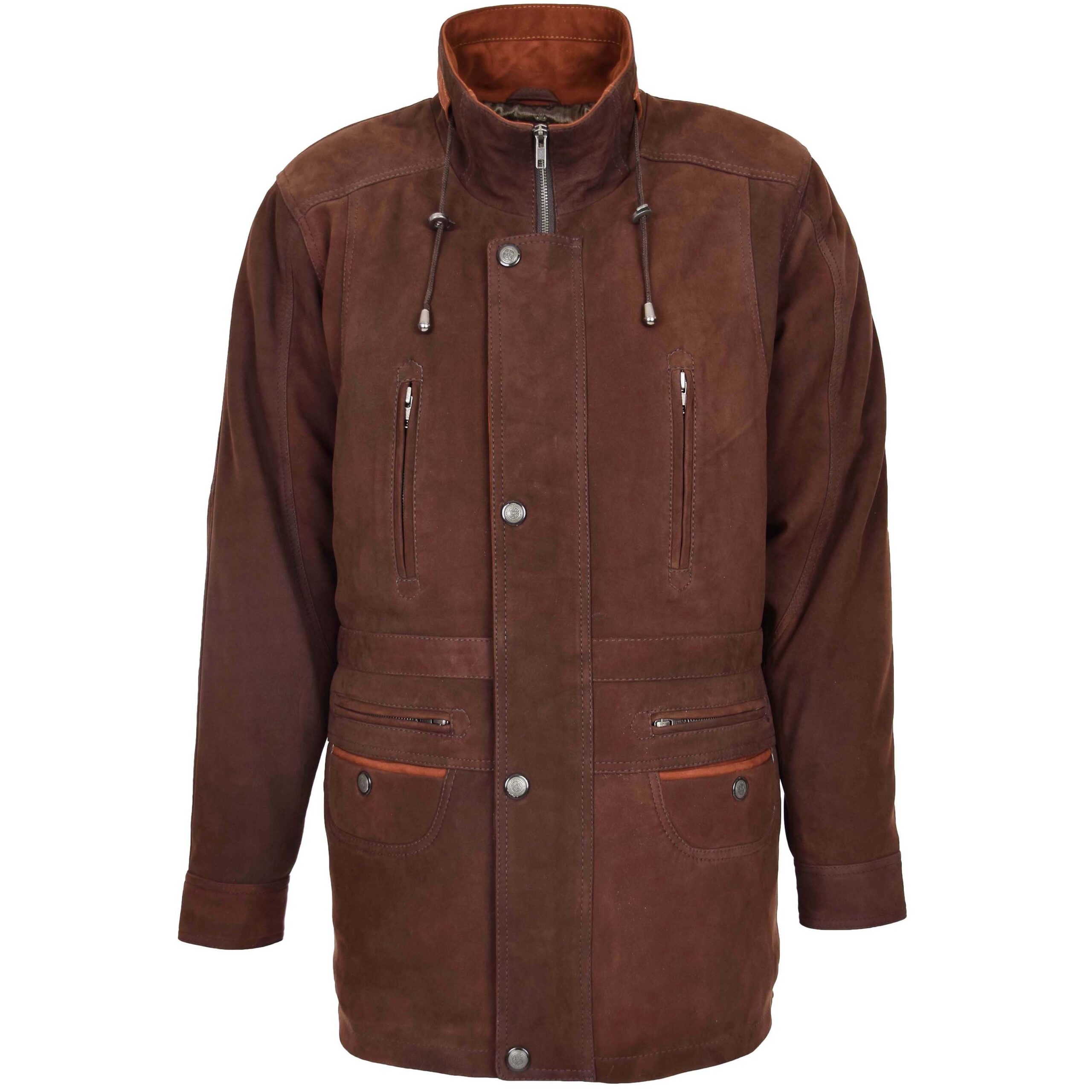 BUNERI Men's Leather Winter Car Coat Hip Length Brown Nubuck – 3