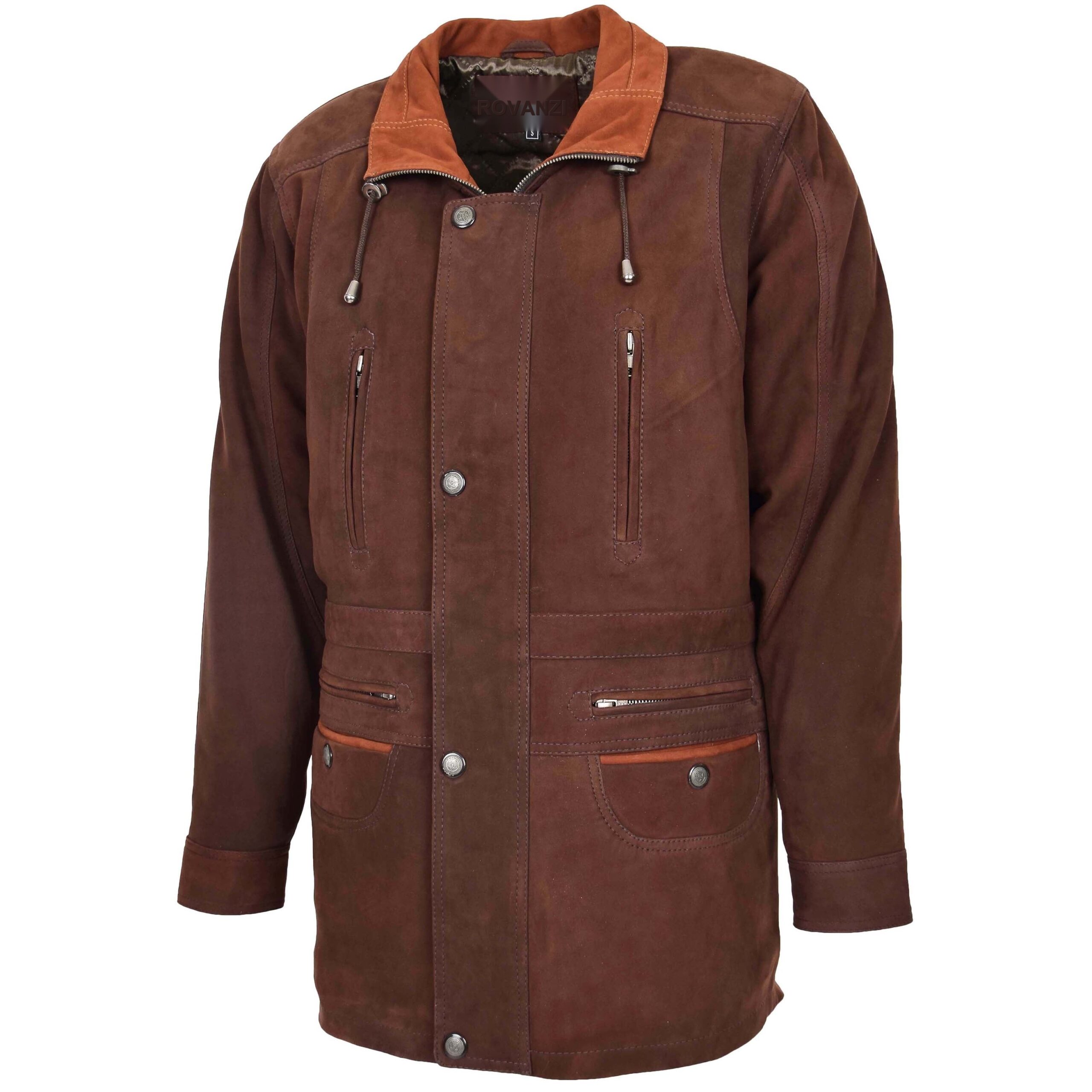 BUNERI Men's Leather Winter Car Coat Hip Length Brown Nubuck – 4