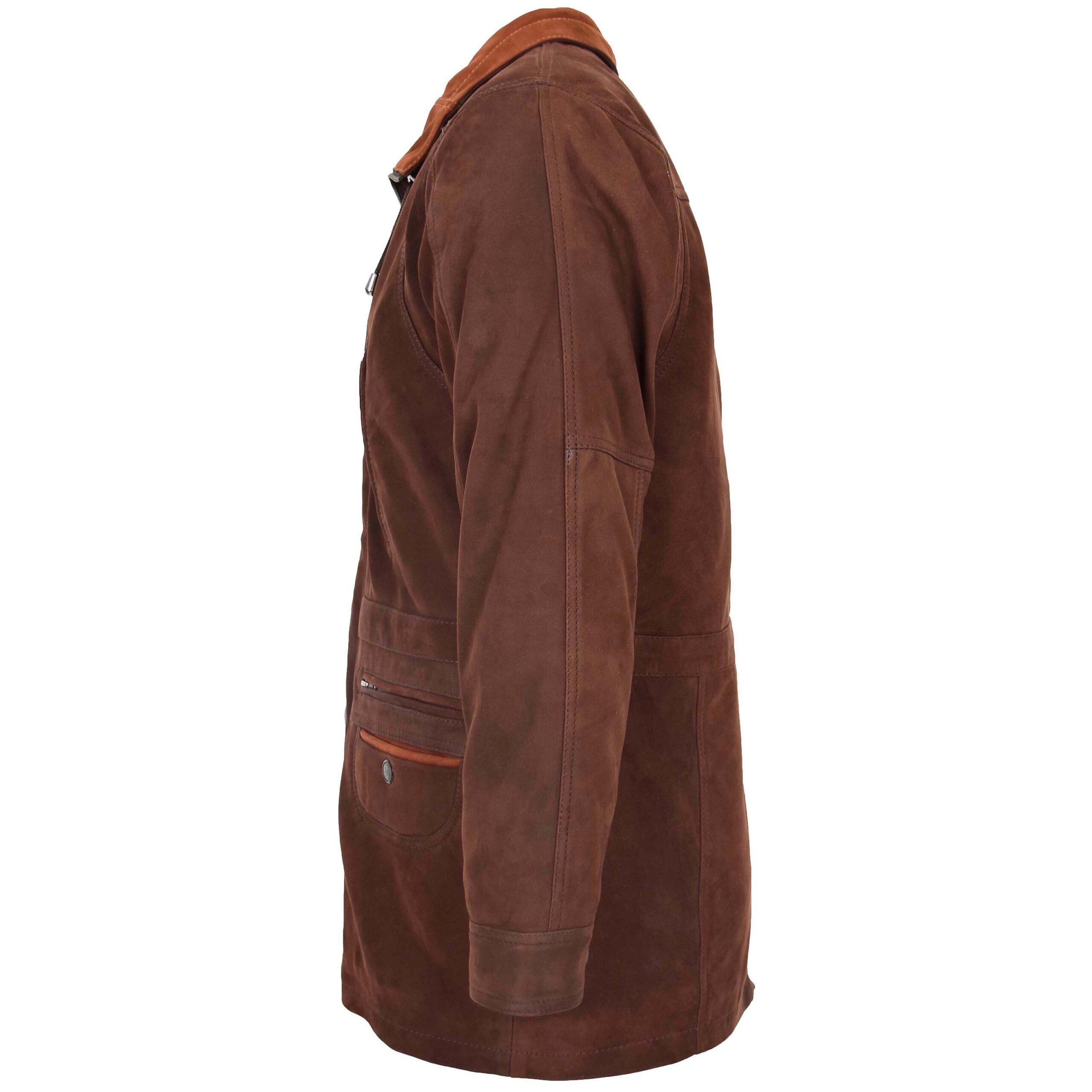BUNERI Men's Leather Winter Car Coat Hip Length Brown Nubuck – 5
