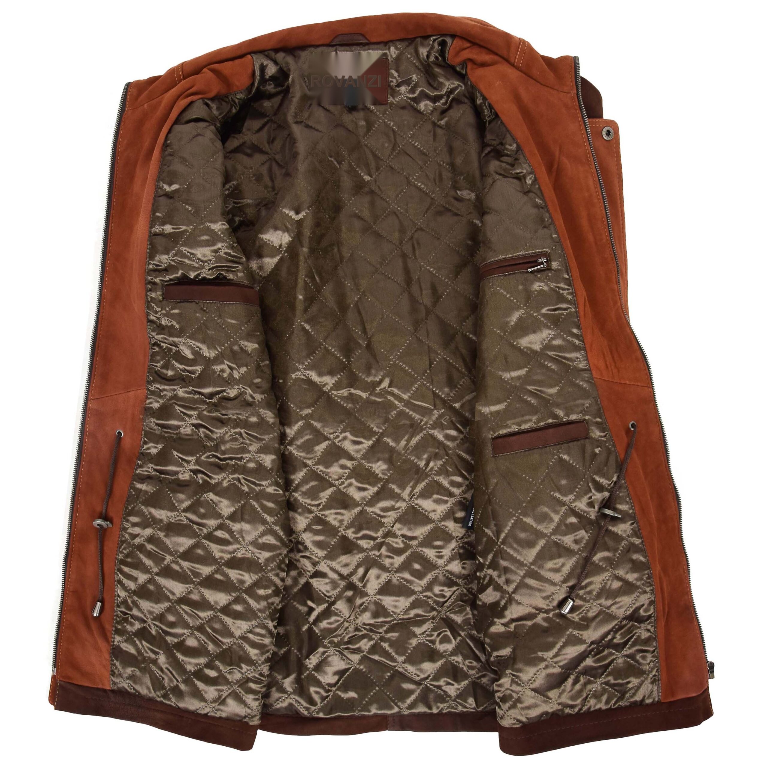BUNERI Men's Leather Winter Car Coat Hip Length Brown Nubuck – 6