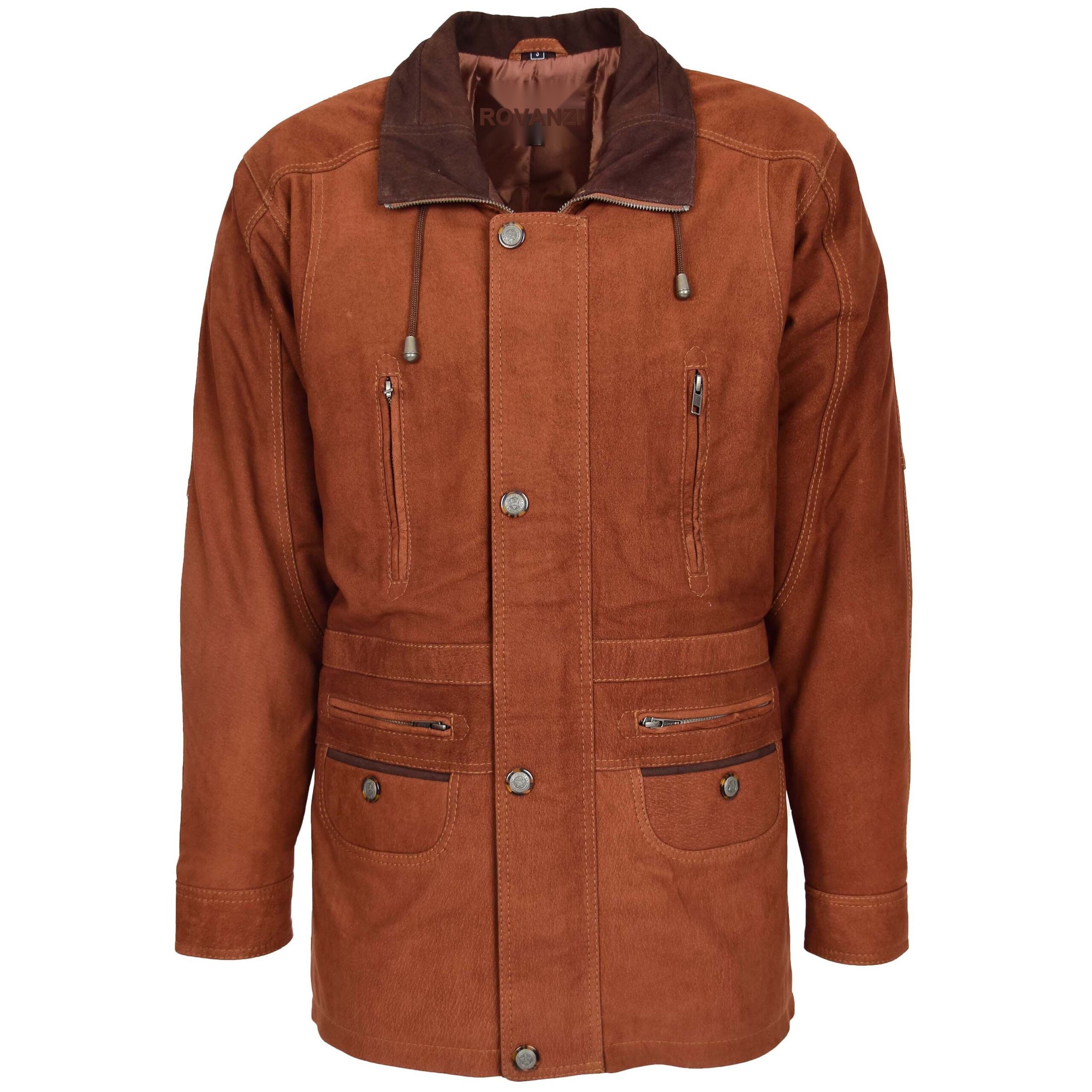 BUNERI Men's Tan Nubuck Hip-Length Car Coat