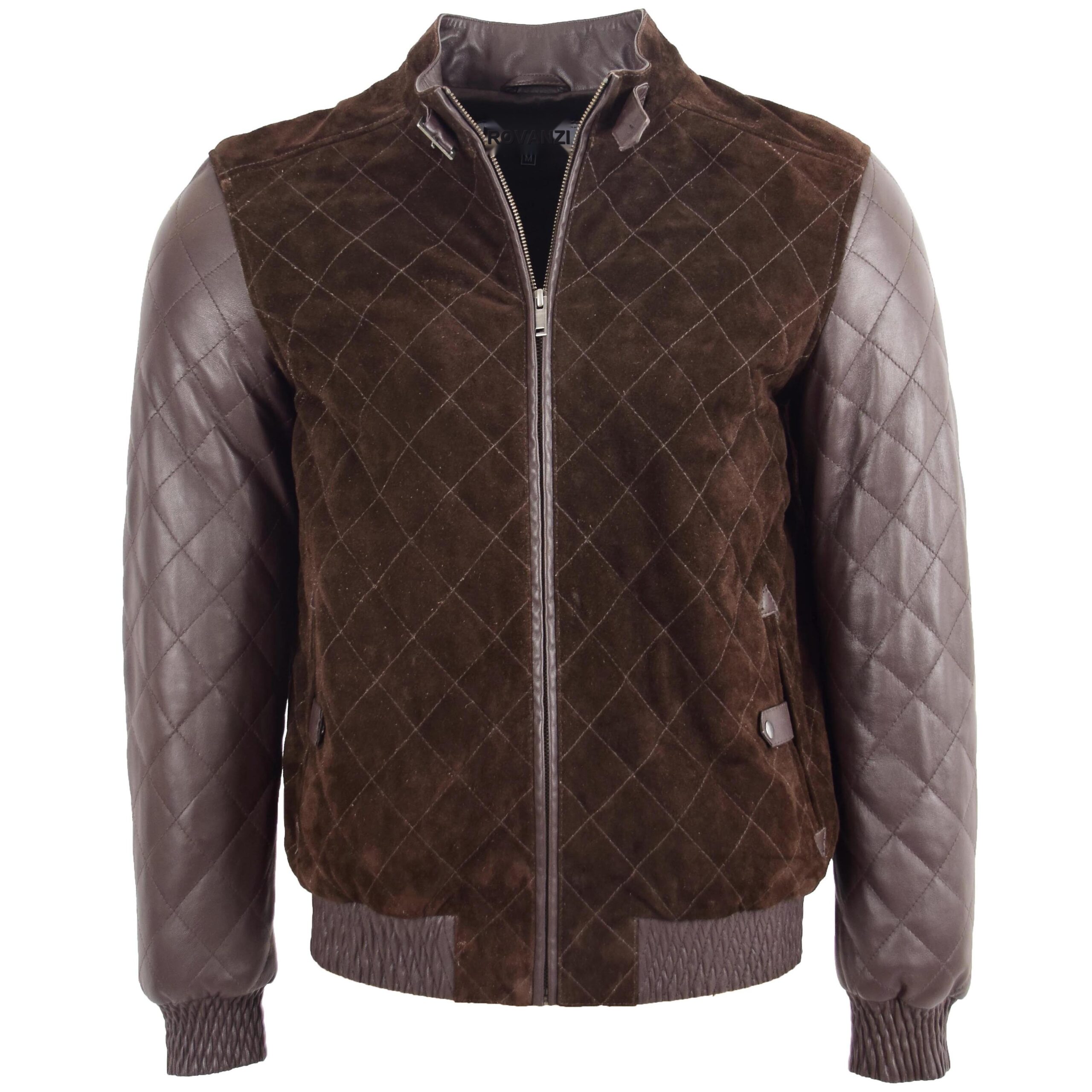 BUNERI Men's Brown Leather and Suede Bomber Varsity Jacket