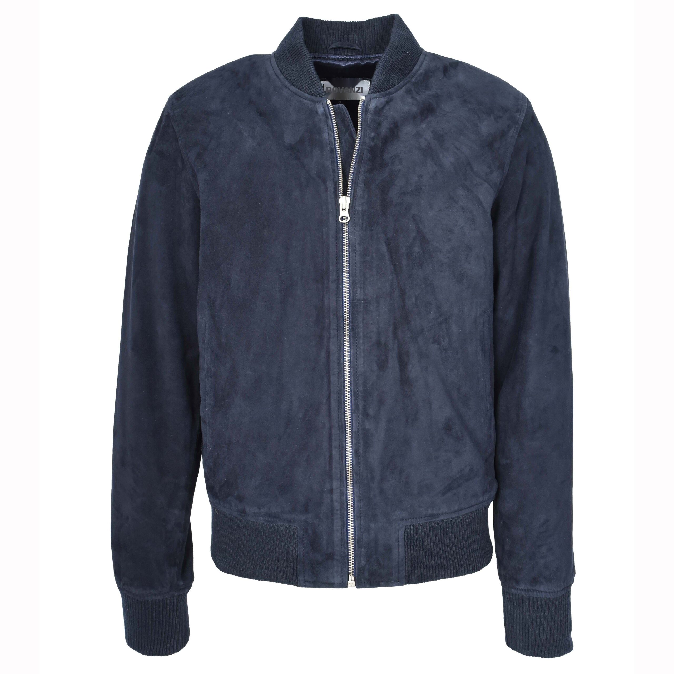 BUNERI Men's Real Suede Bomber Jacket MA-1 Varsity Design Navy Blue