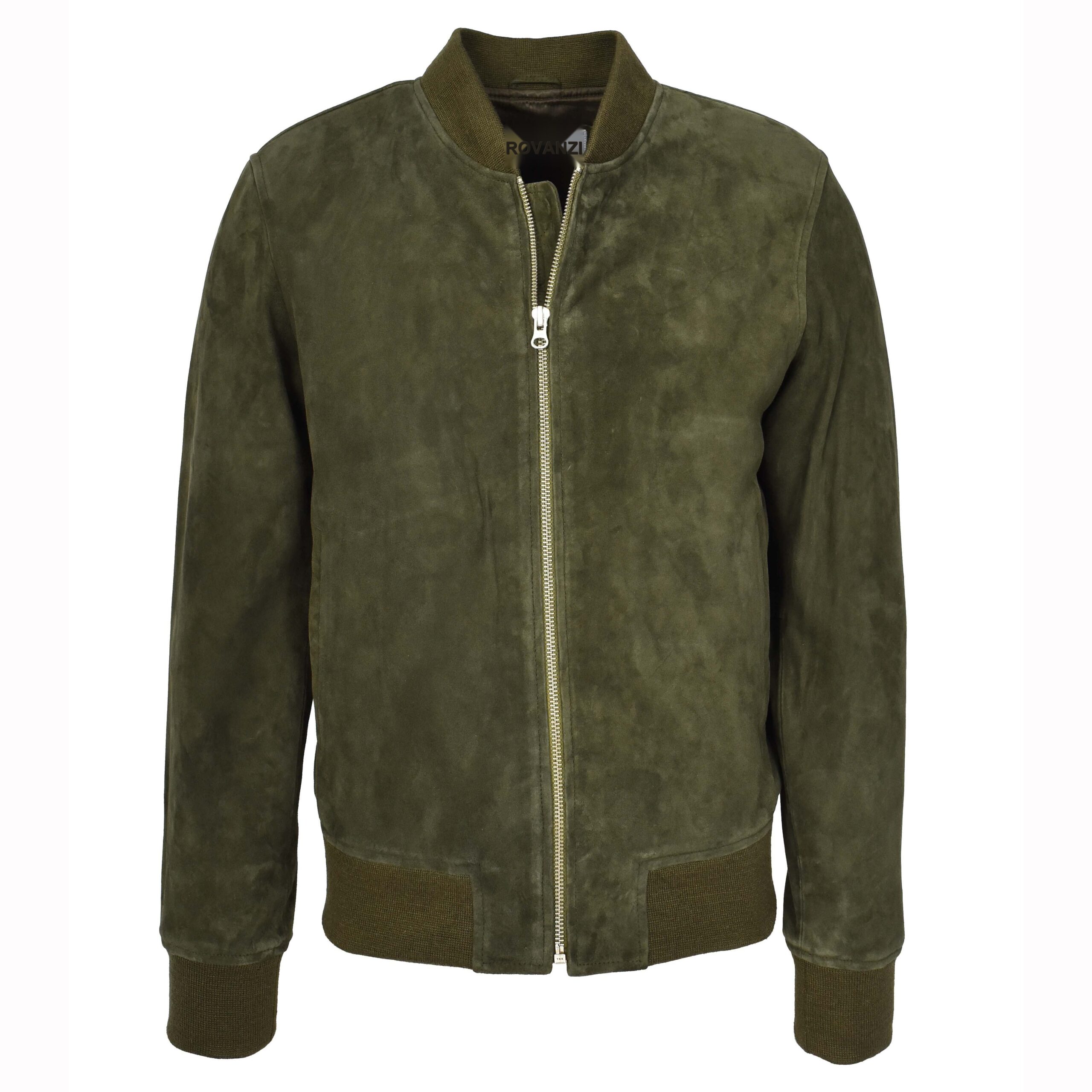 BUNERI Men's Real Suede Bomber Jacket MA-1 Varsity Design Olive Green
