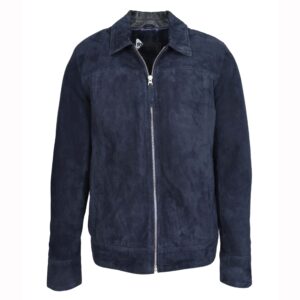 BUNERI Men’s Navy Genuine Suede Leather Classic Zip Box Style Jacket