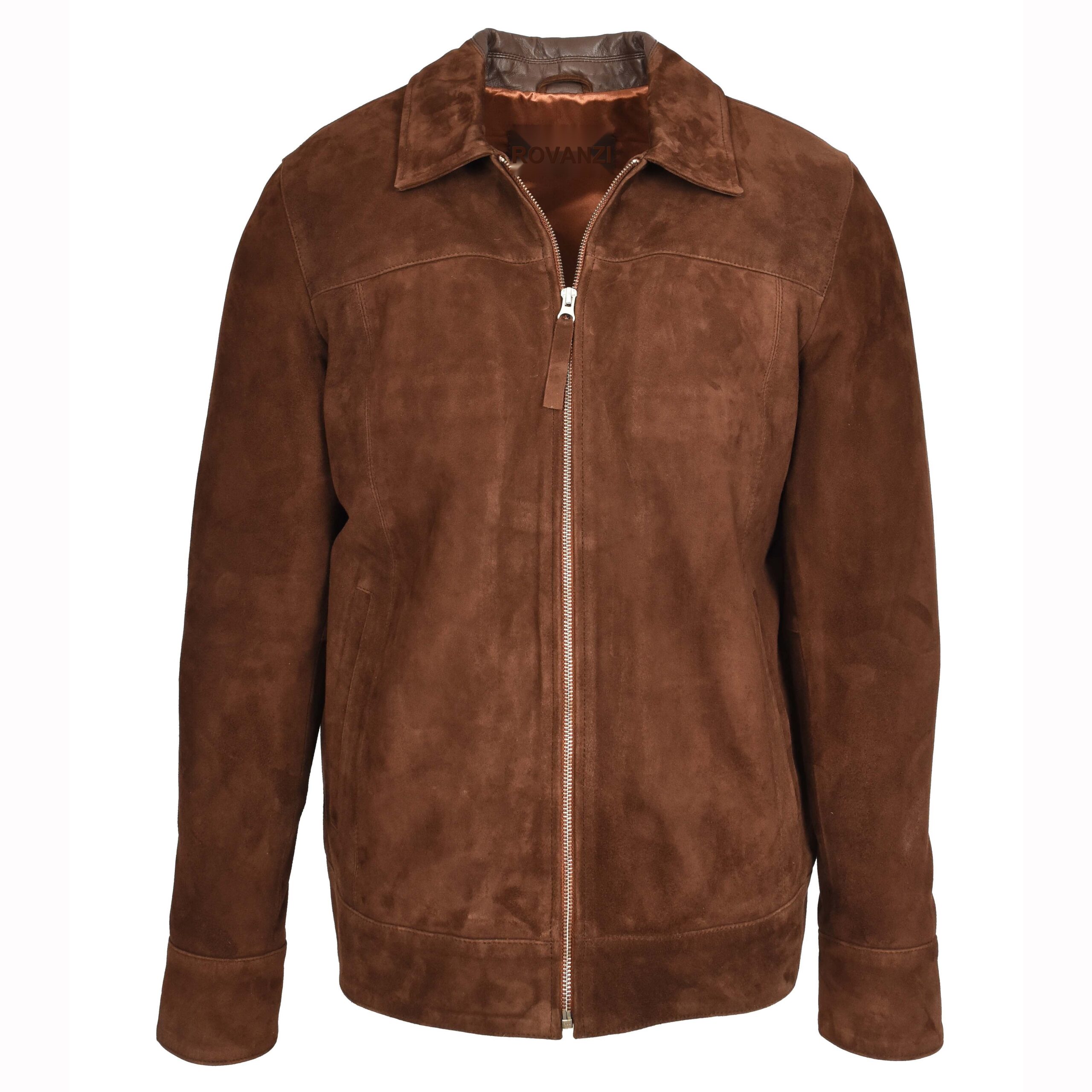 BUNERI Men's Suede Jacket Classic Zip Box Style Rust Brown