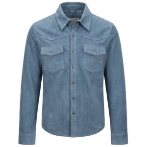BUNERI Men’s Denim Blue Genuine Suede Western Trucker Jacket
