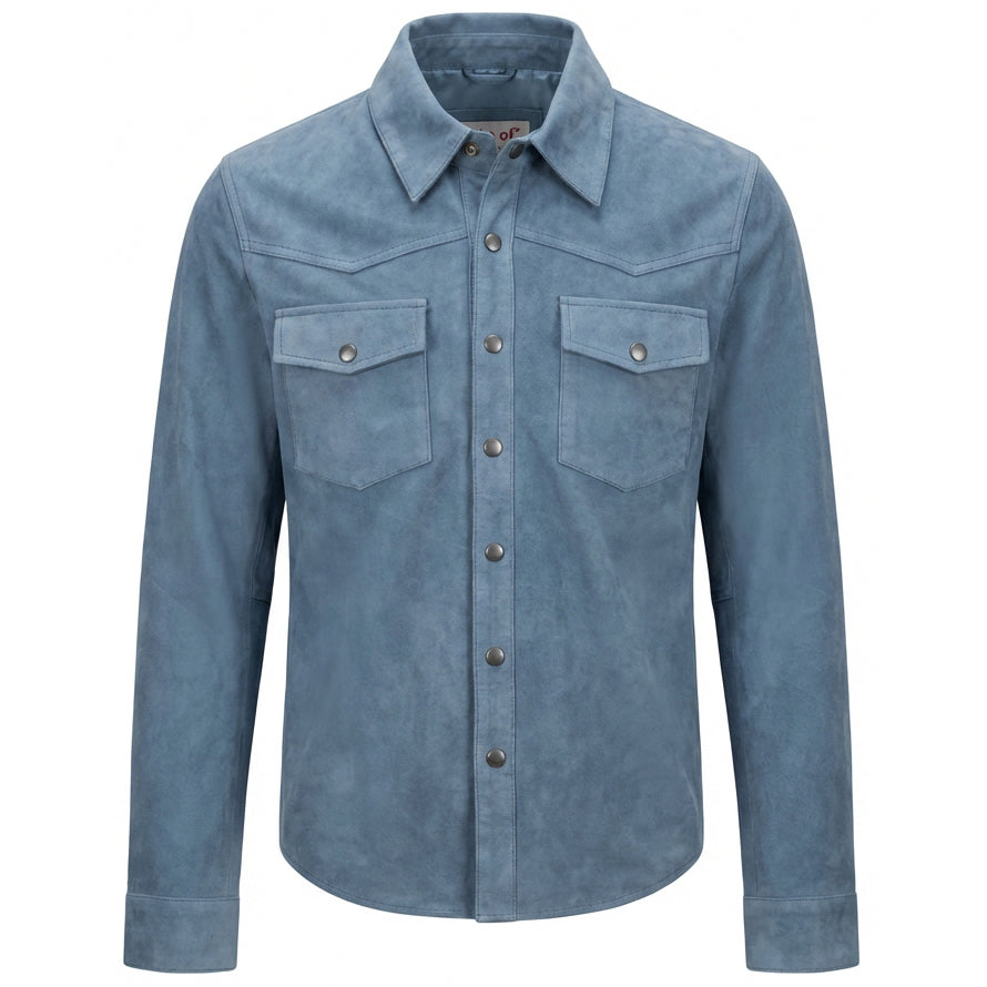 BUNERI Men's Denim Blue Real Suede Western Trucker Jacket