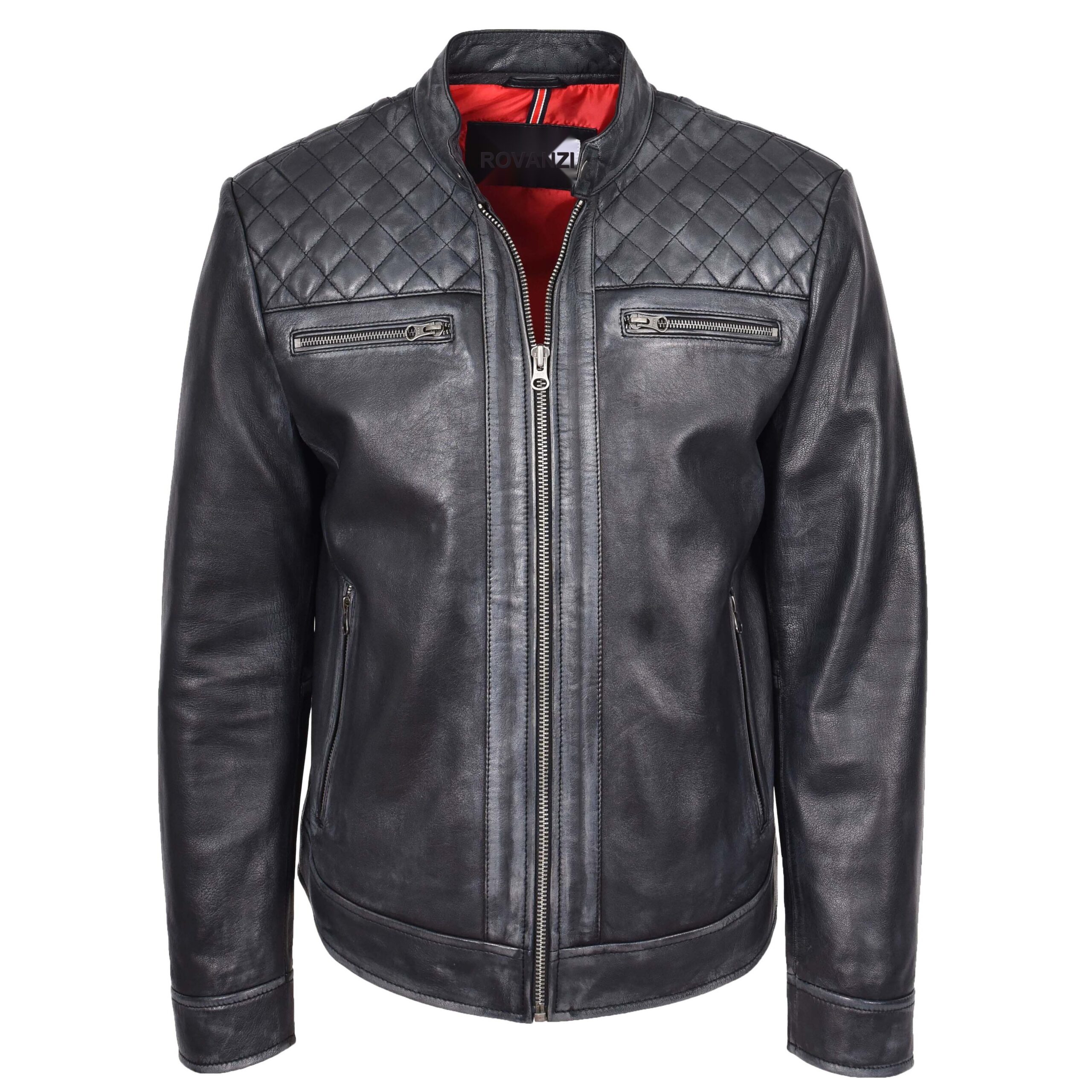 BUNERI Men's Real Leather Biker Jacket Cafe Racer Style Black
