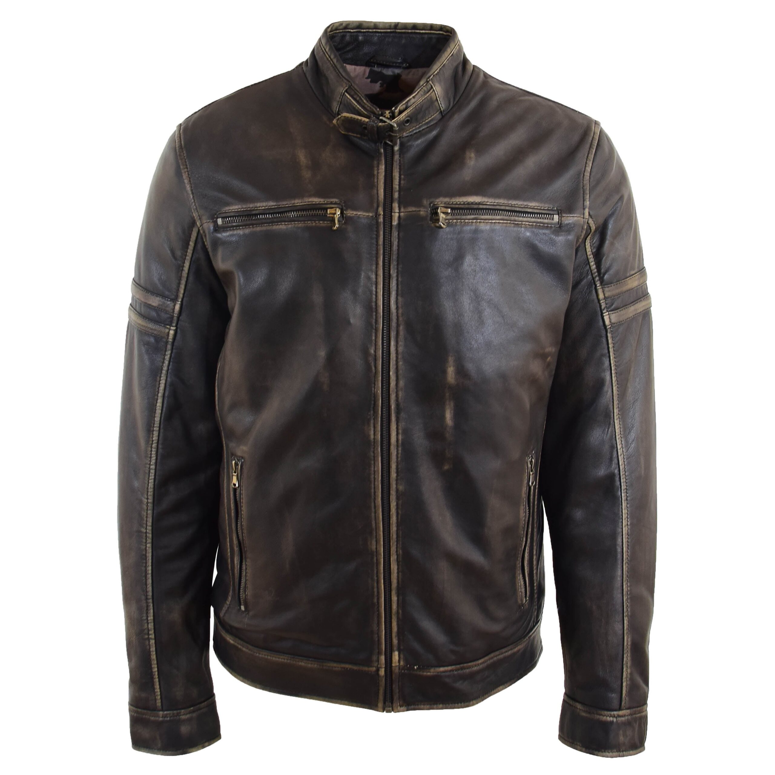 BUNERI Black Leather Biker Jacket Vintage Rub Off Effect Men