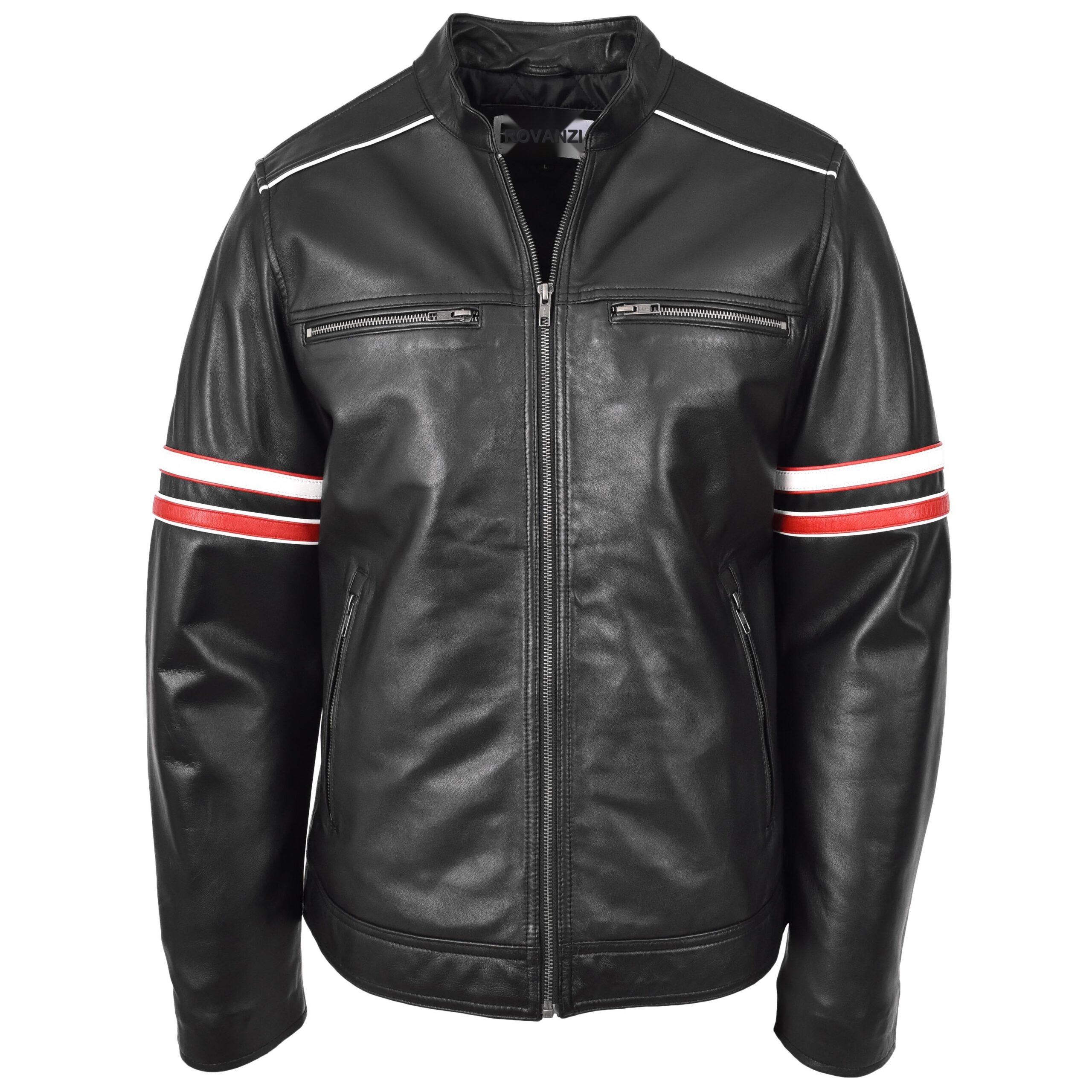 BUNERI Men's Real Leather Biker Style Cafe Racer Multi Stripes Jacket Black