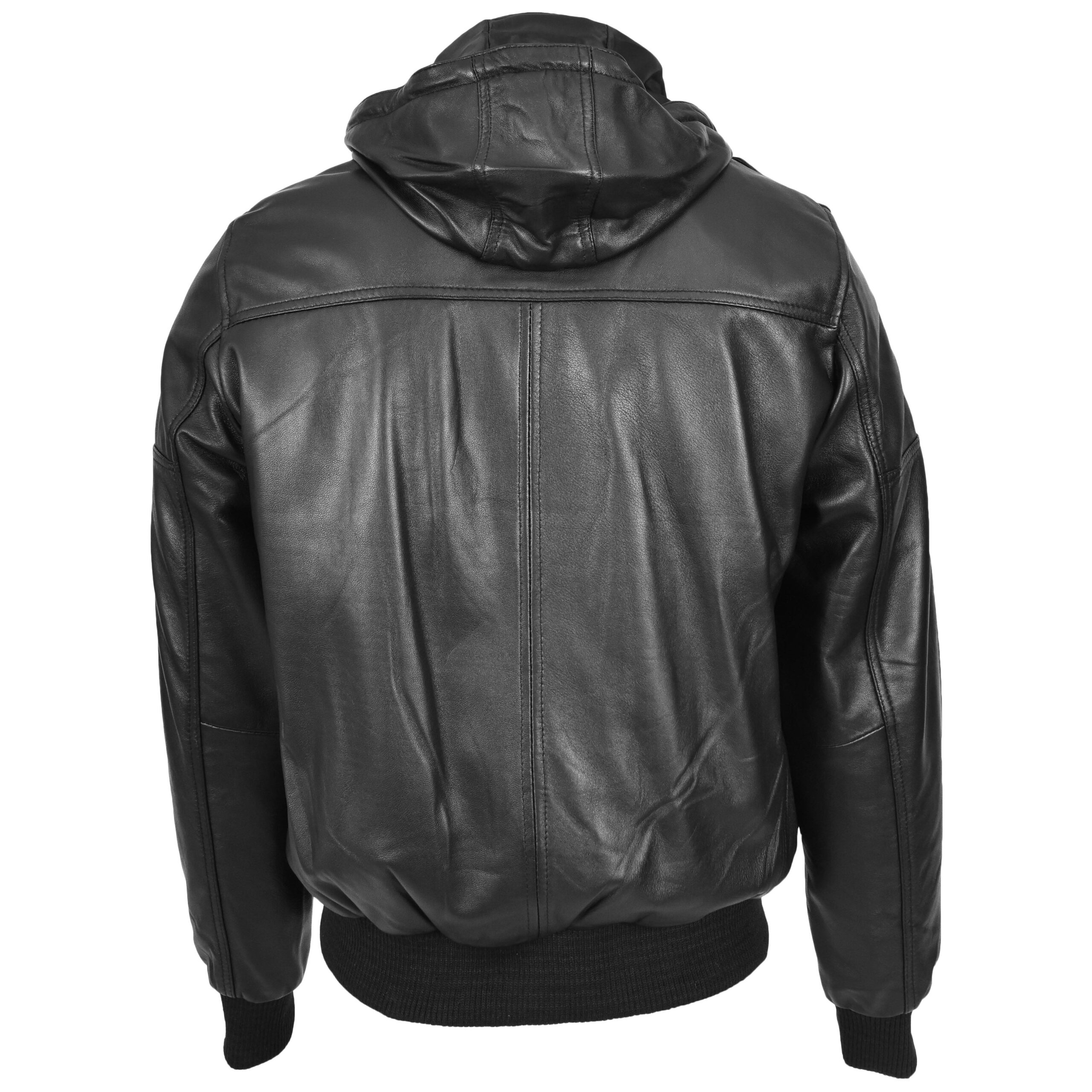 BUNERI Black Real Leather Bomber Jacket with Removable Hood – 2