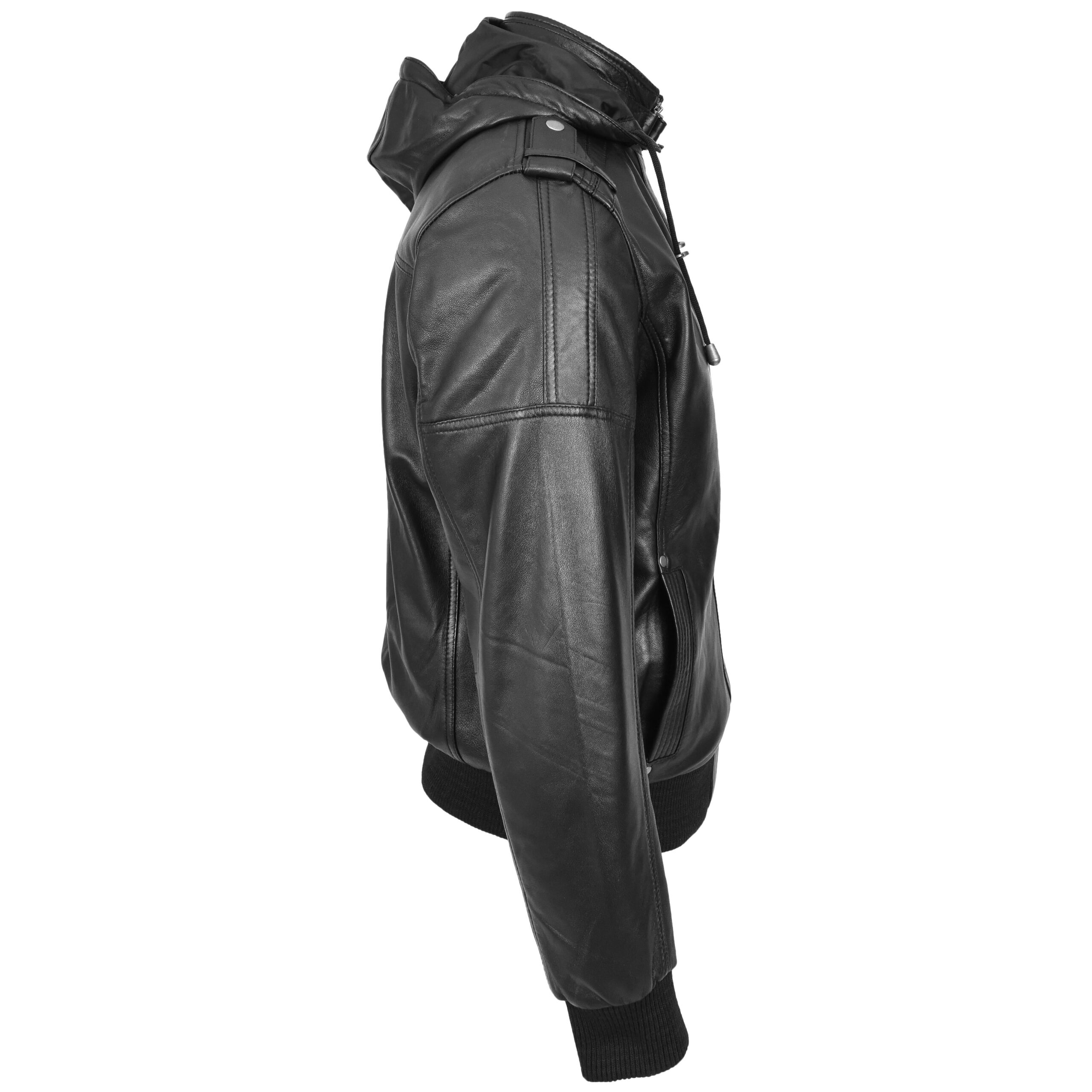 BUNERI Black Real Leather Bomber Jacket with Removable Hood – 3