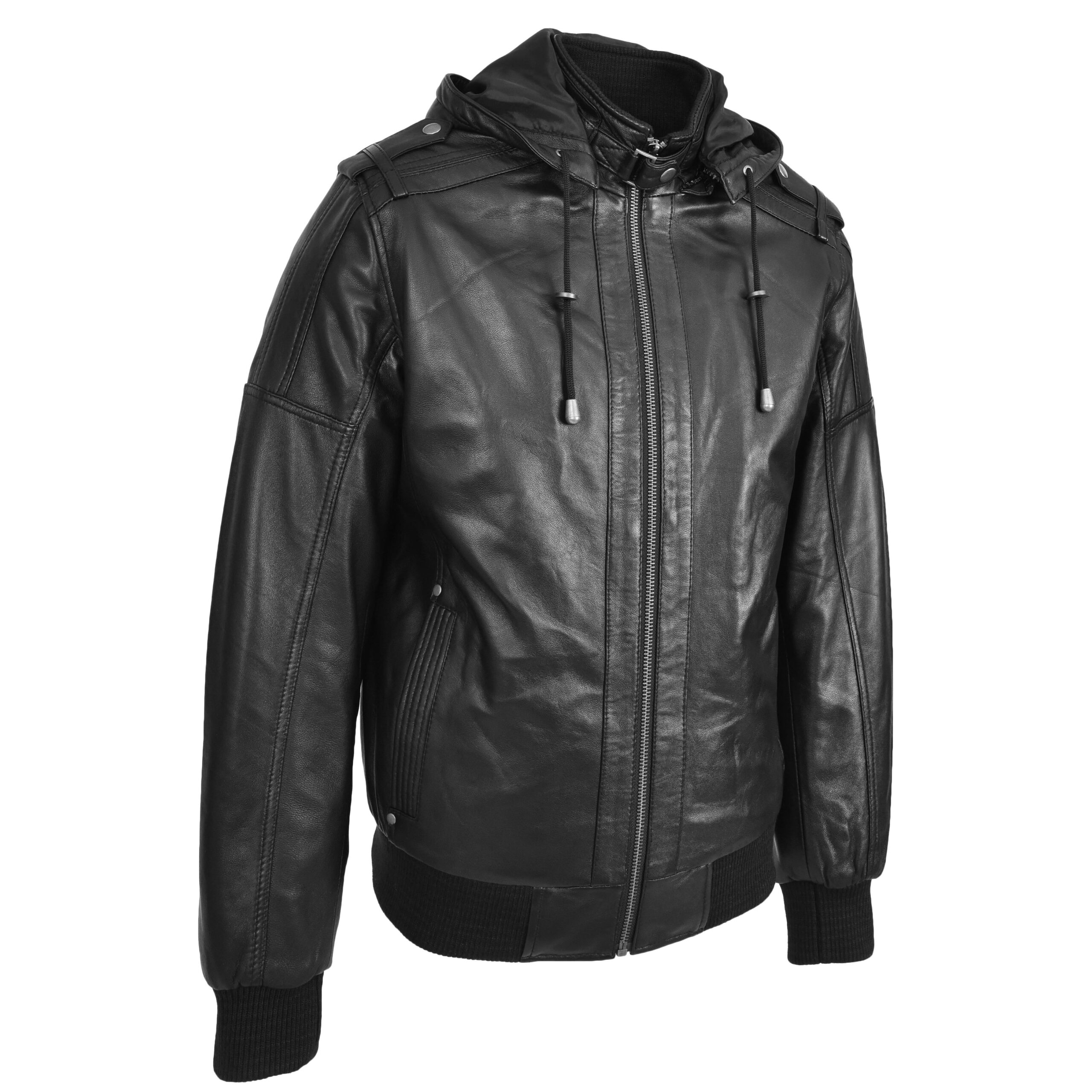 BUNERI Black Real Leather Bomber Jacket with Removable Hood – 4