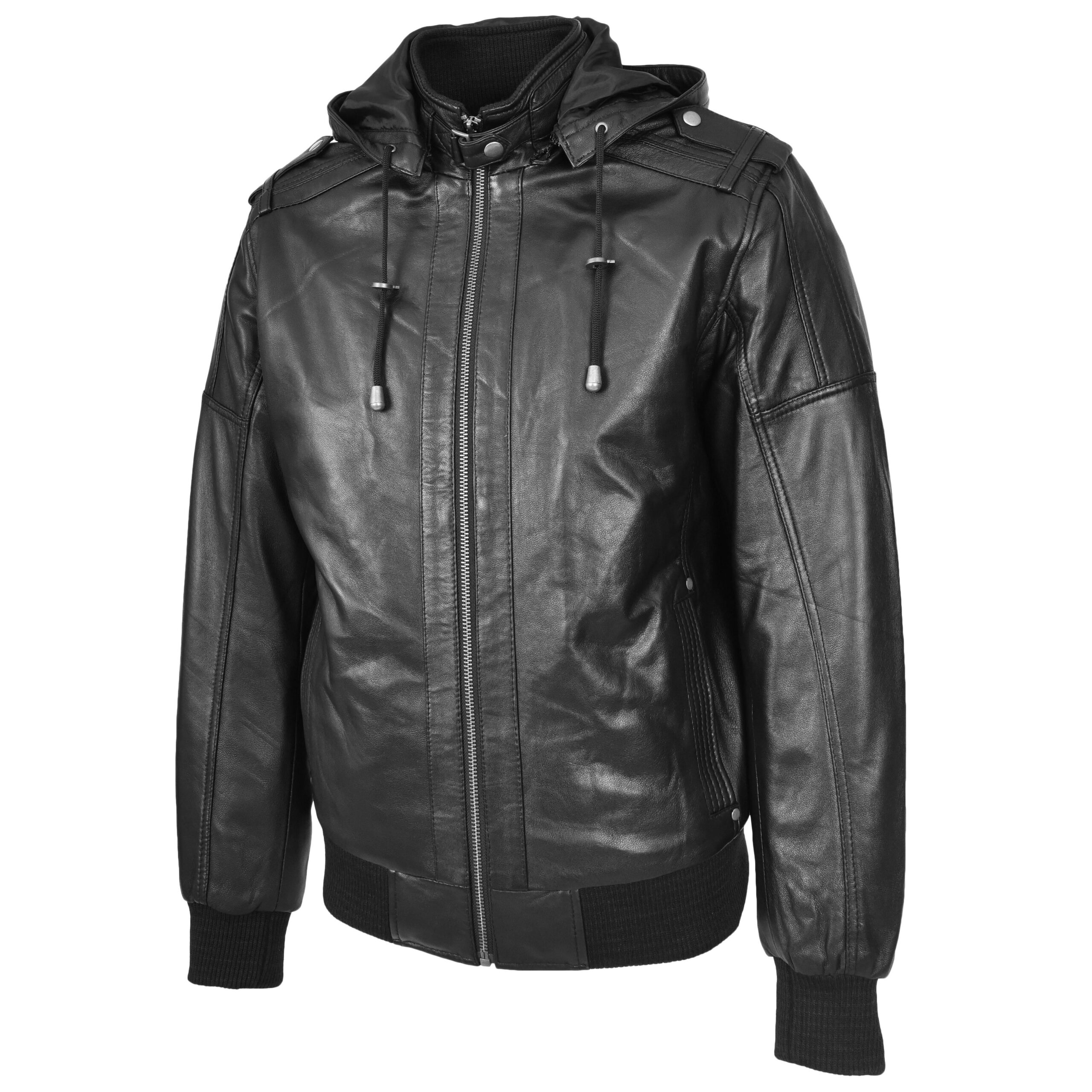 BUNERI Black Real Leather Bomber Jacket with Removable Hood – 5