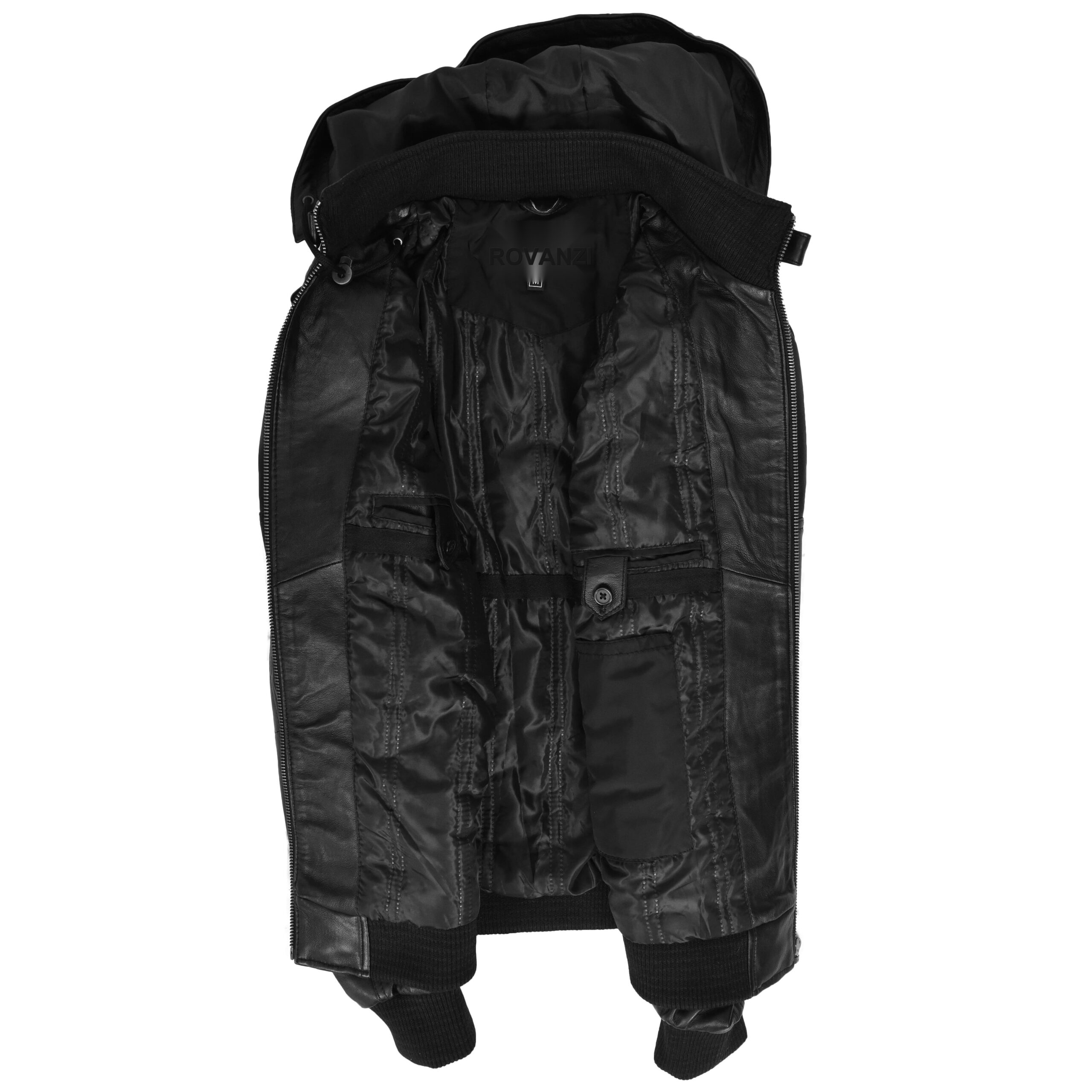 BUNERI Black Real Leather Bomber Jacket with Removable Hood – 6