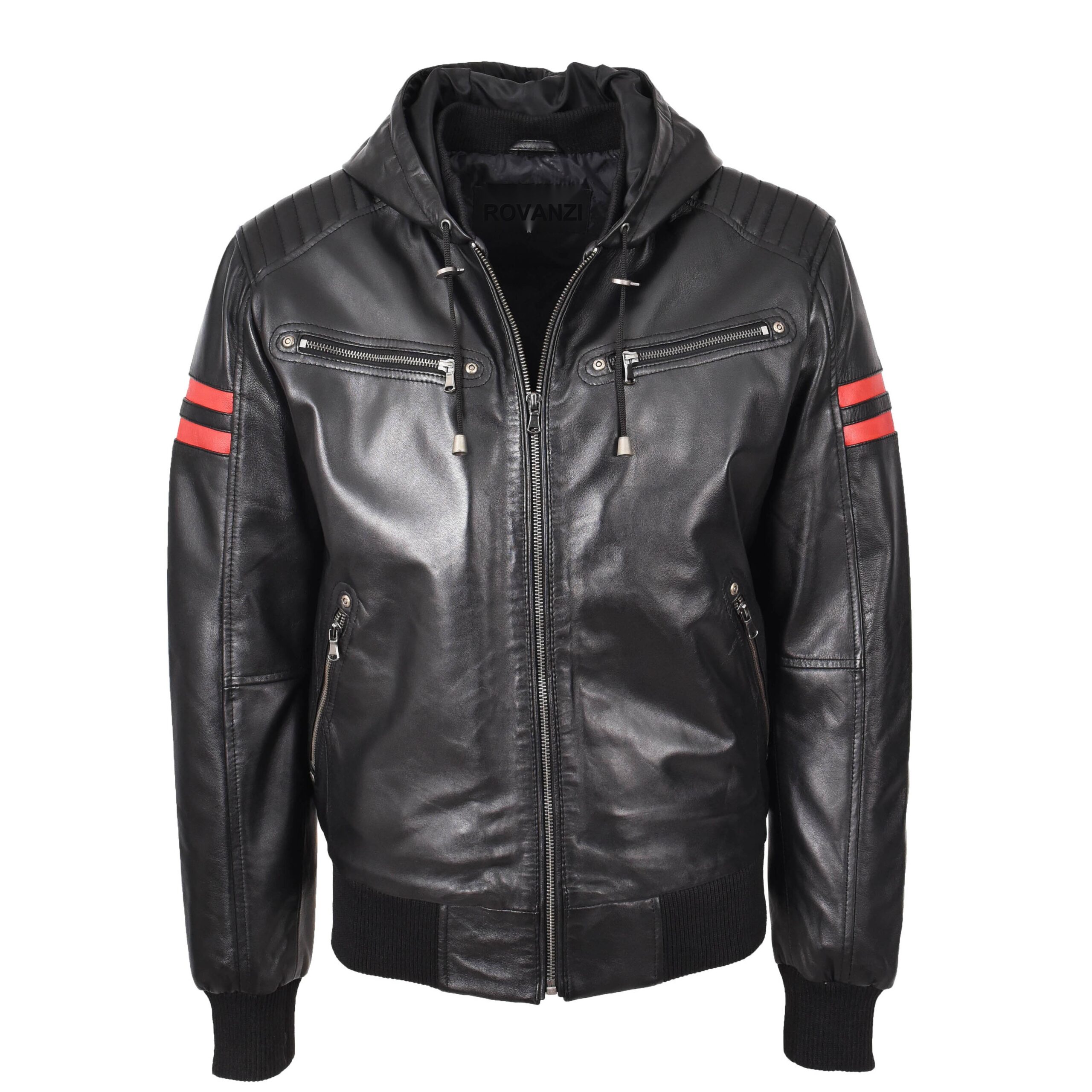 BUNERI Black Real Leather Hooded Bomber Jacket