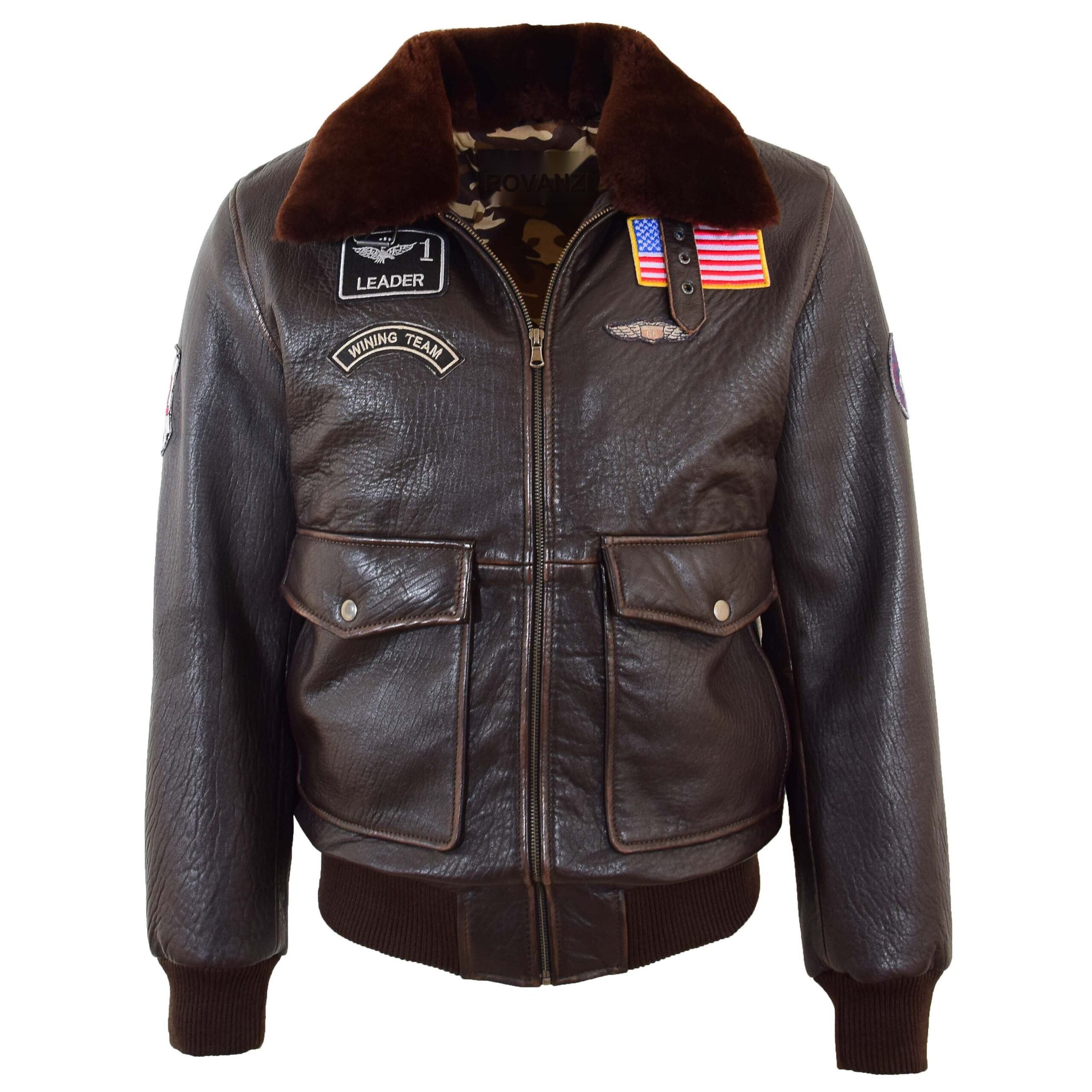 BUNERI Brown Real Leather G-1 Bomber Jacket Airforce Badges