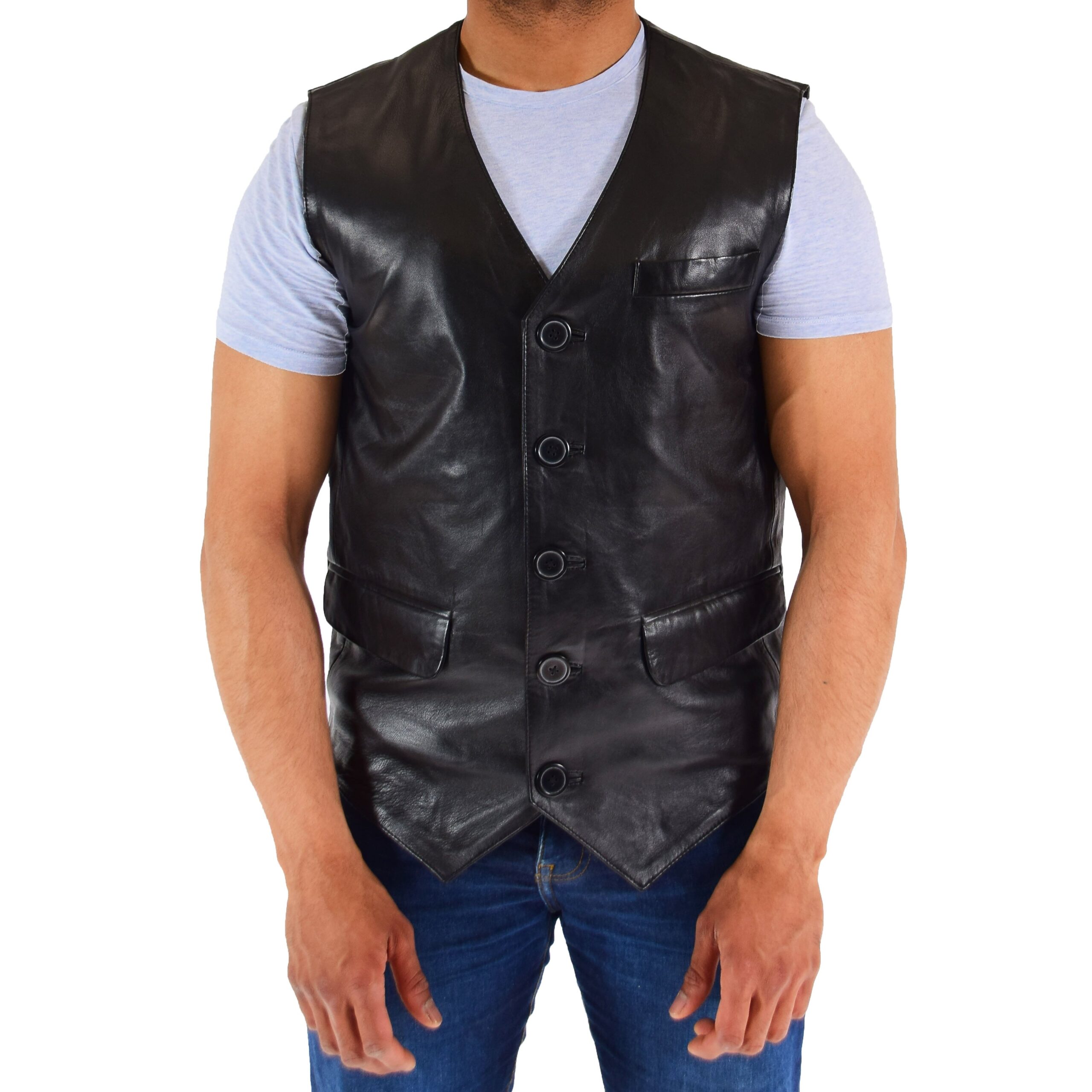 BUNERI Men's Real Leather Gilet Vest Vest Black
