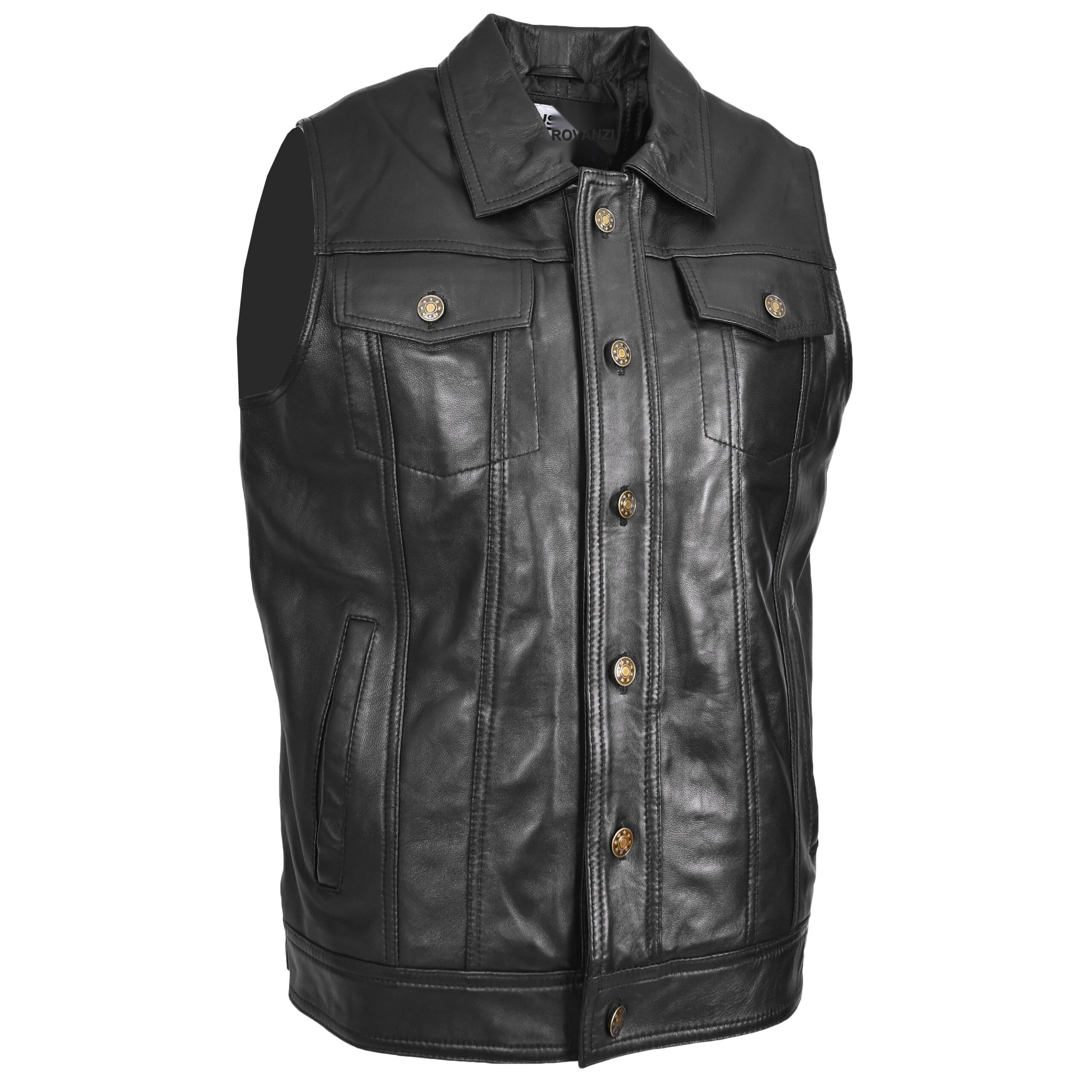 BUNERI Black Leather Classic Trucker Style Vest