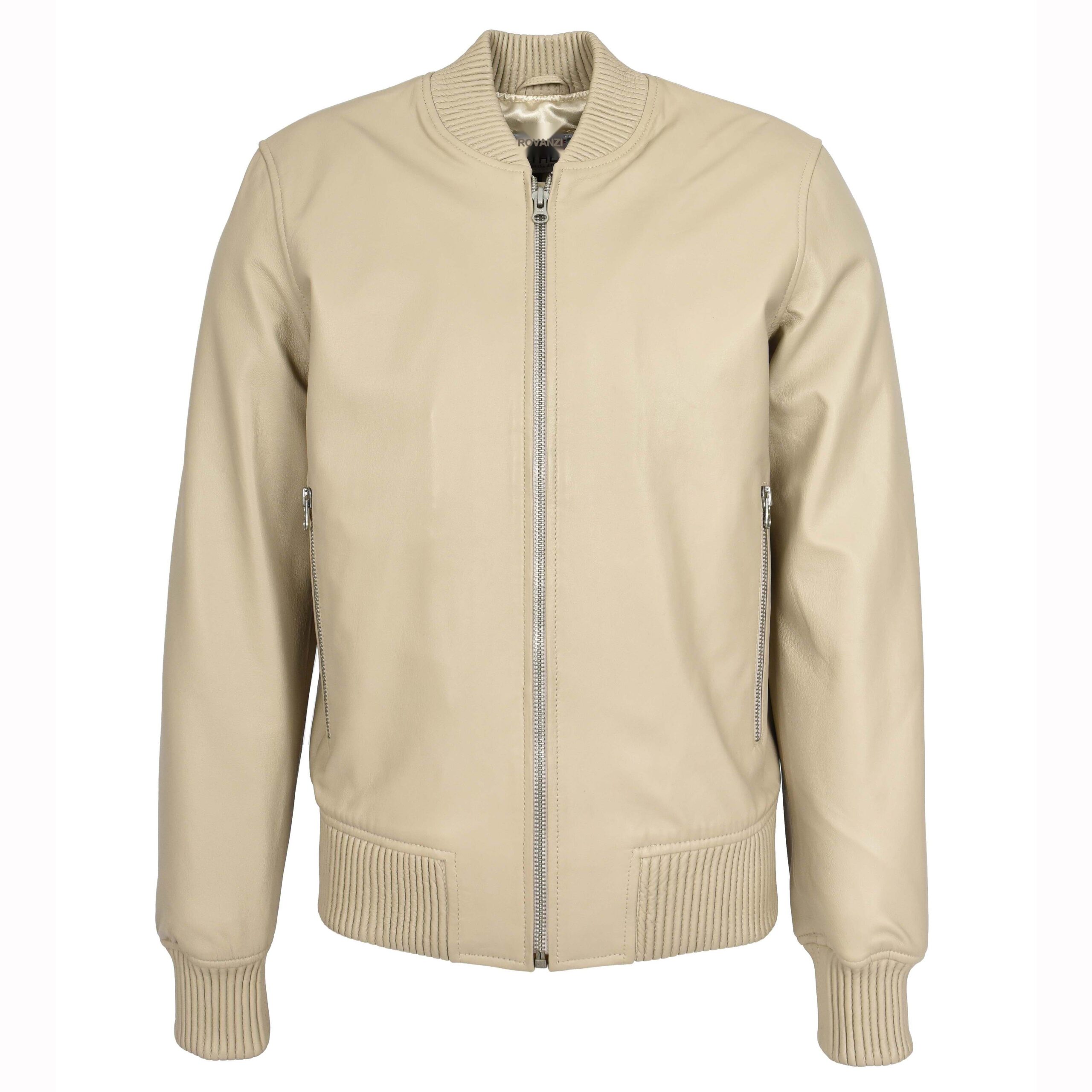 BUNERI Men's Real Soft Leather Bomber MA-1 Varsity Style Jacket Beige