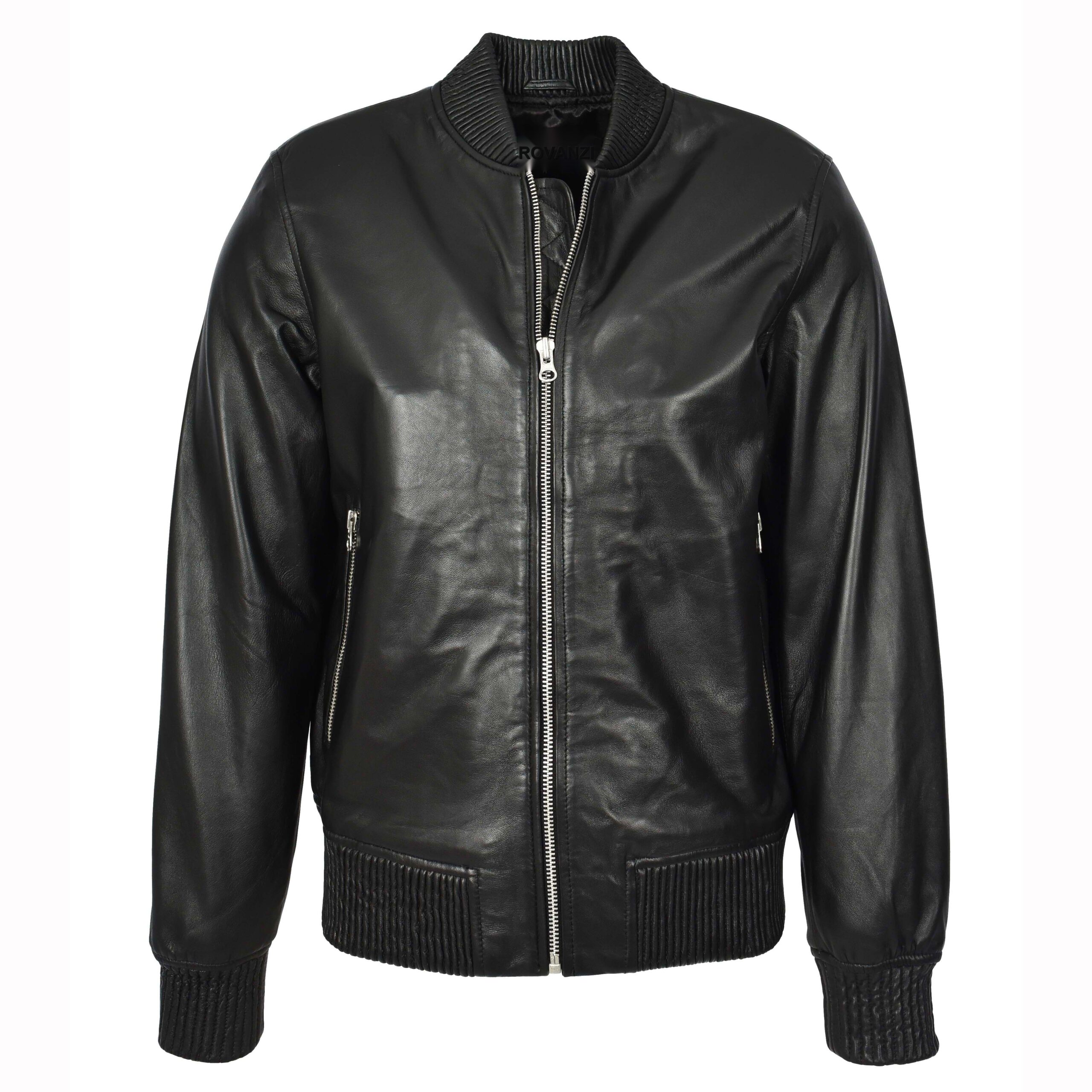 BUNERI Men's Real Soft Leather Bomber MA-1 Varsity Style Jacket Black
