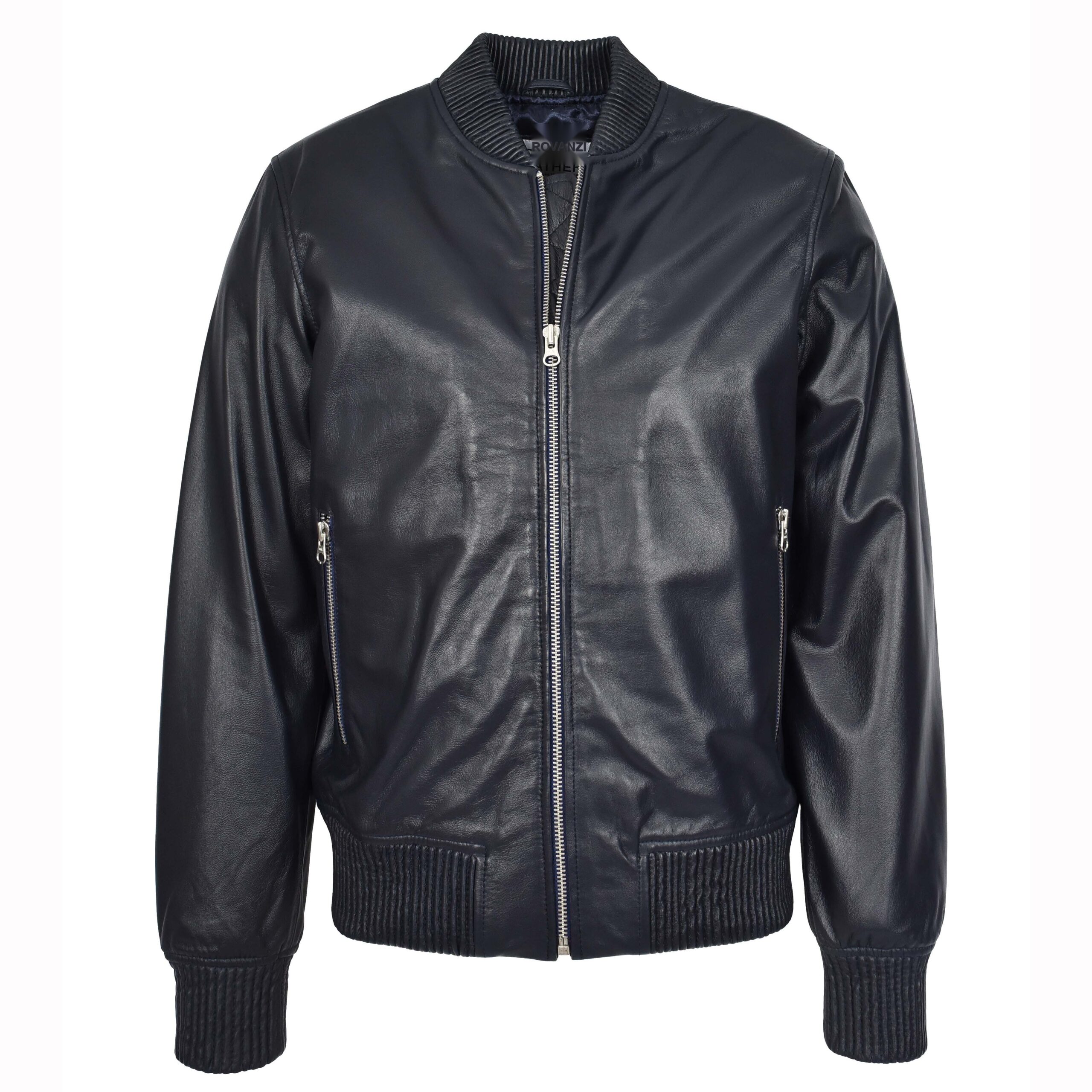 BUNERI Navy MA-1 Varsity Style Leather Bomber Jacket