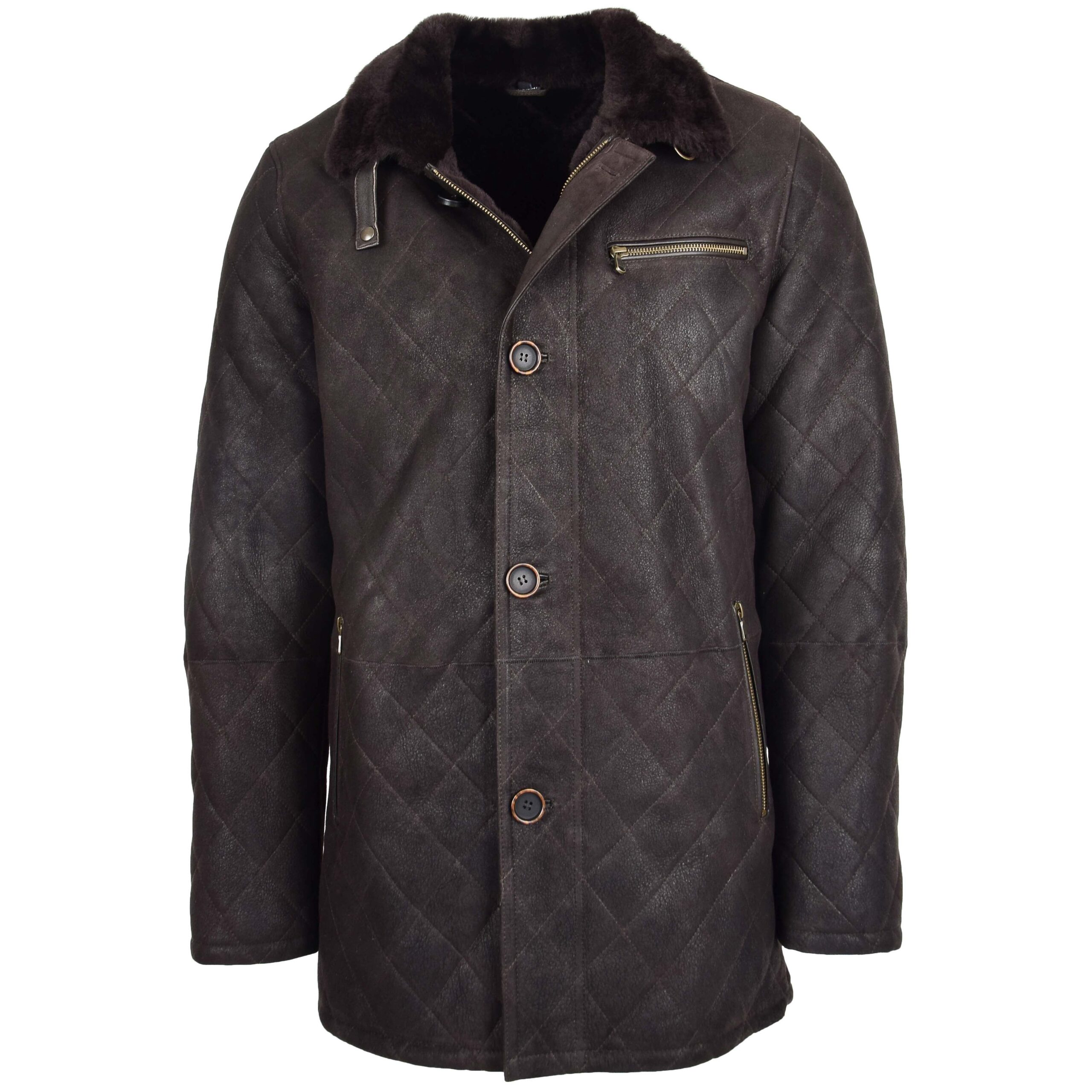 BUNERI Dark Brown Sheepskin Jacket Cross Stitch Anorak