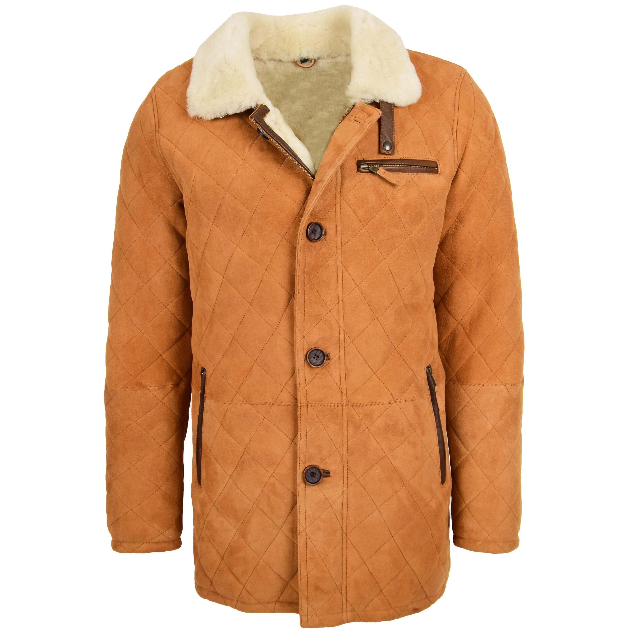 BUNERI Men's Sheepskin Jacket Cross Stitch Anorak Tan White